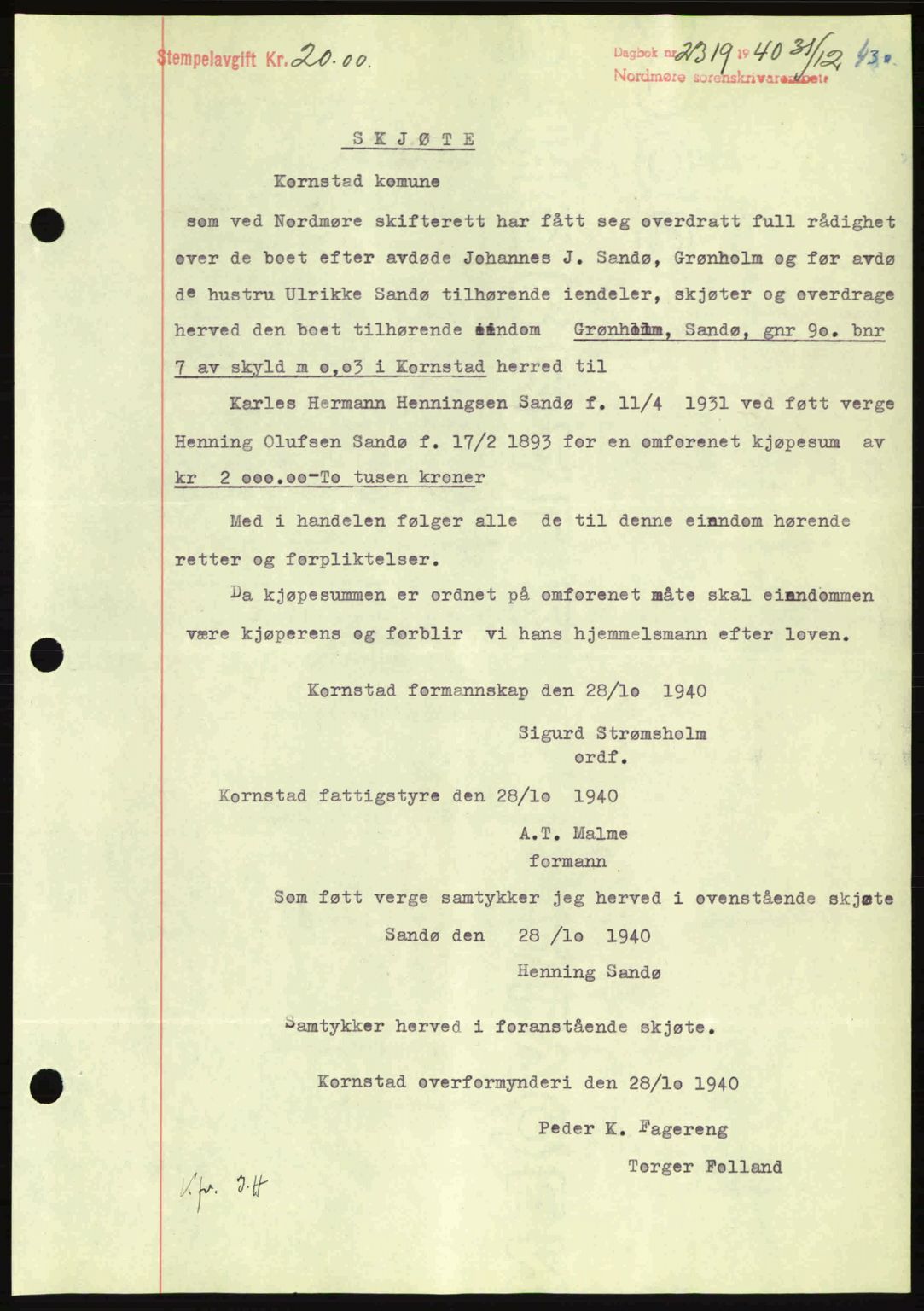 Nordmøre sorenskriveri, SAT/A-4132/1/2/2Ca: Mortgage book no. A89, 1940-1941, Diary no: : 2319/1940