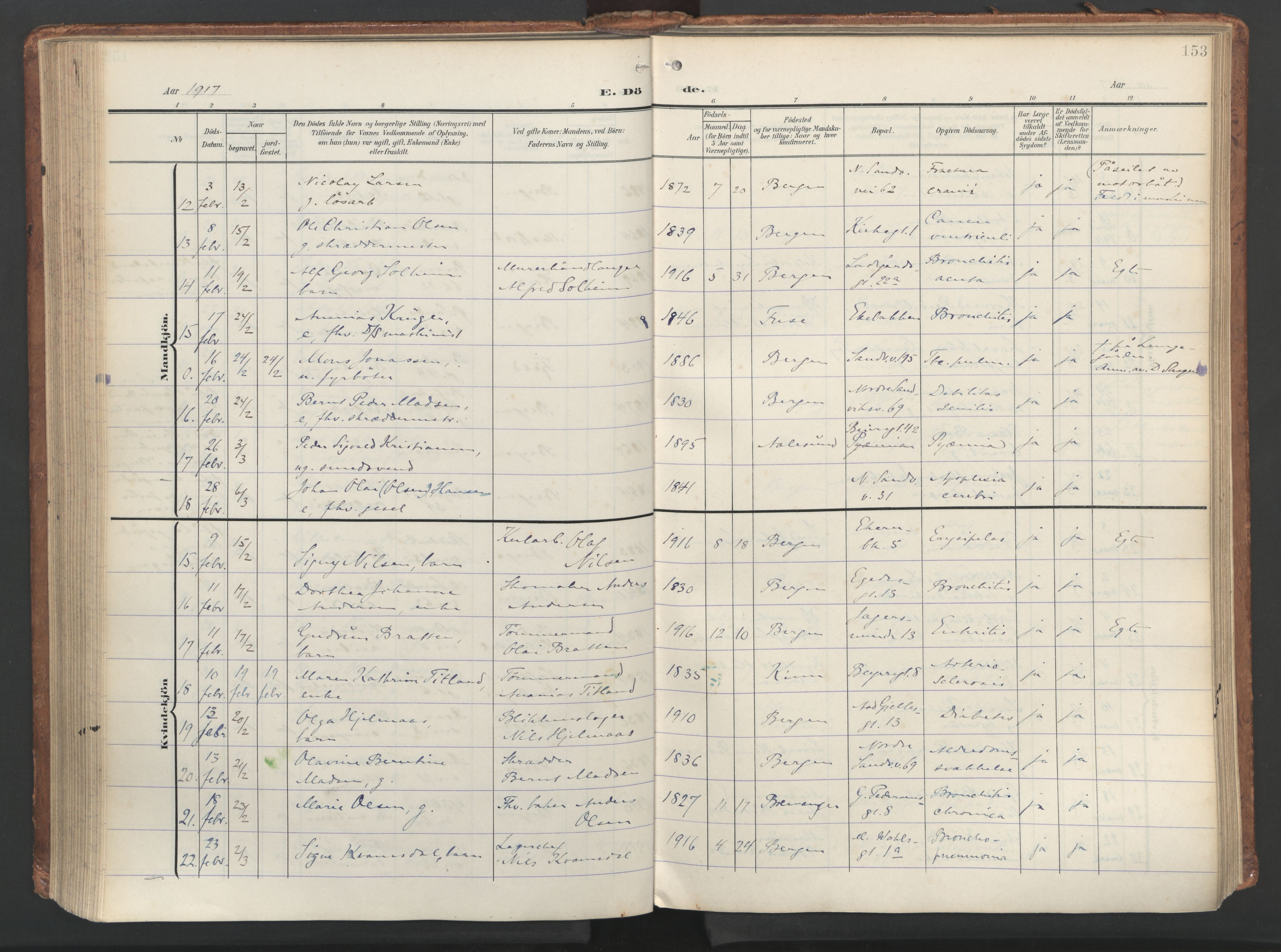 Sandviken Sokneprestembete, AV/SAB-A-77601/H/Ha/L0019: Parish register (official) no. E 2, 1905-1933, p. 153