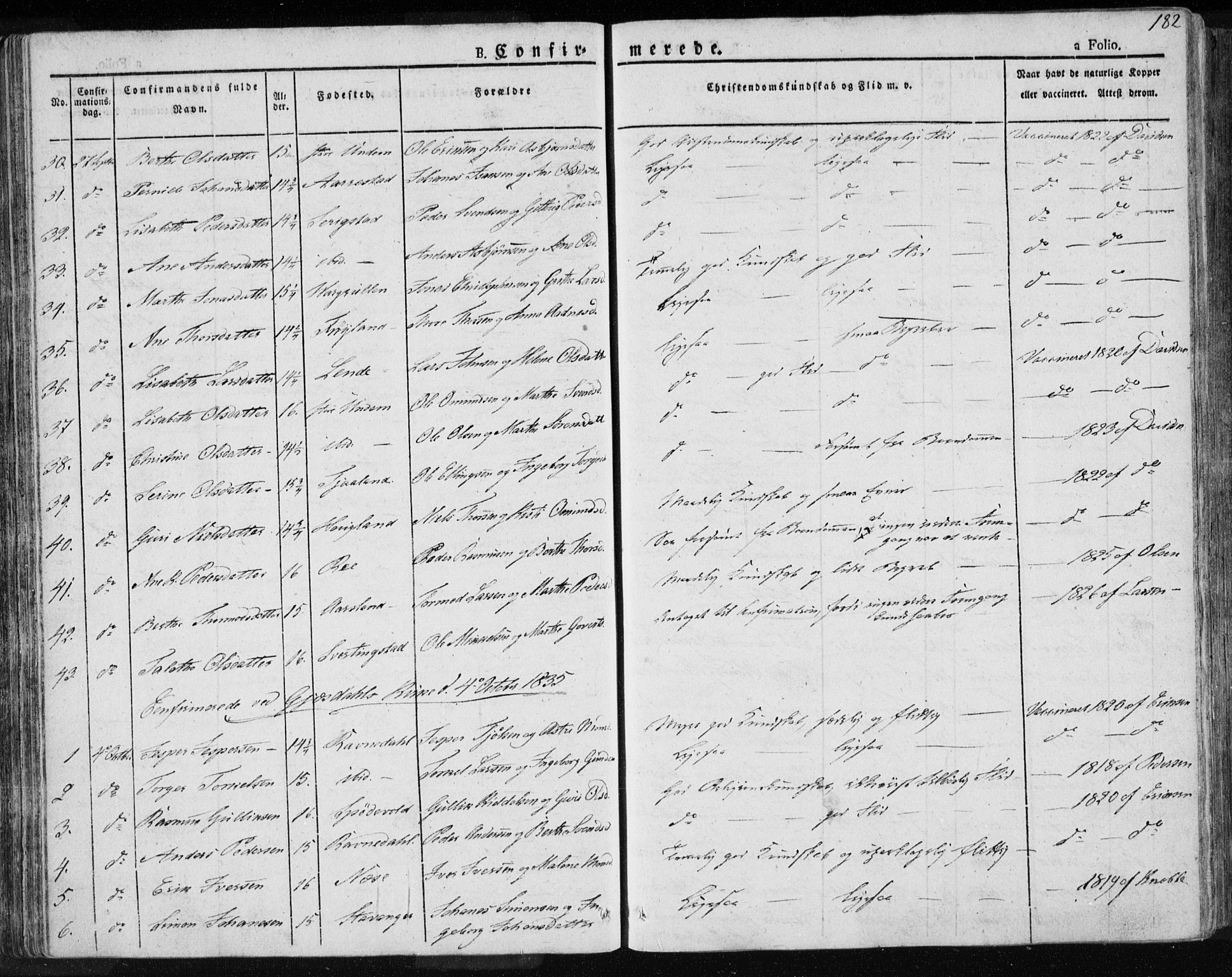 Lye sokneprestkontor, SAST/A-101794/001/30BA/L0004: Parish register (official) no. A 4, 1826-1841, p. 182