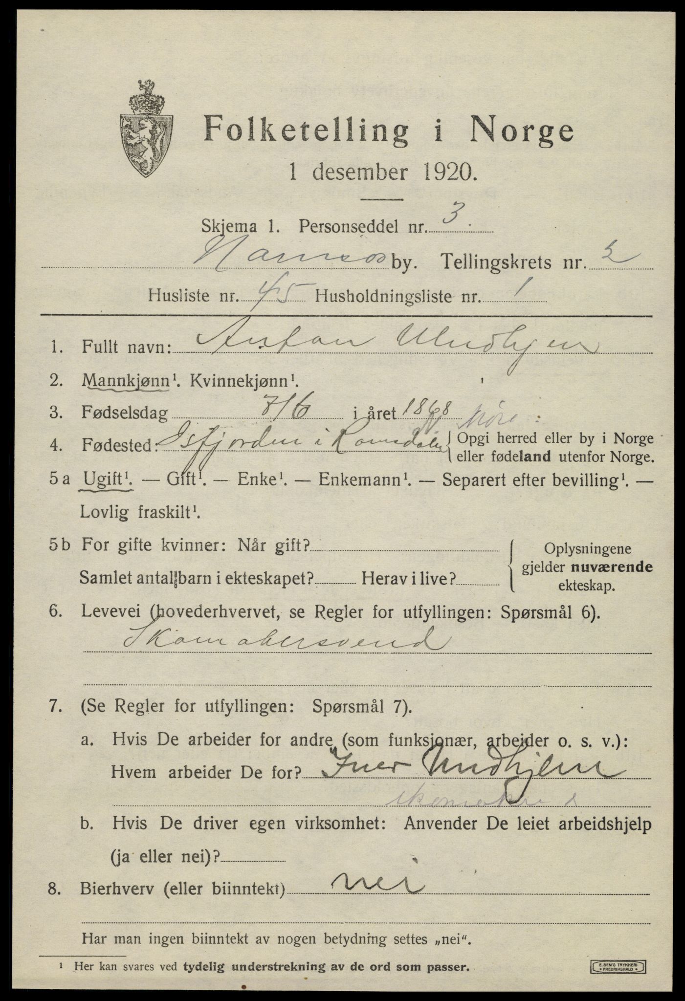 SAT, 1920 census for Namsos, 1920, p. 3747