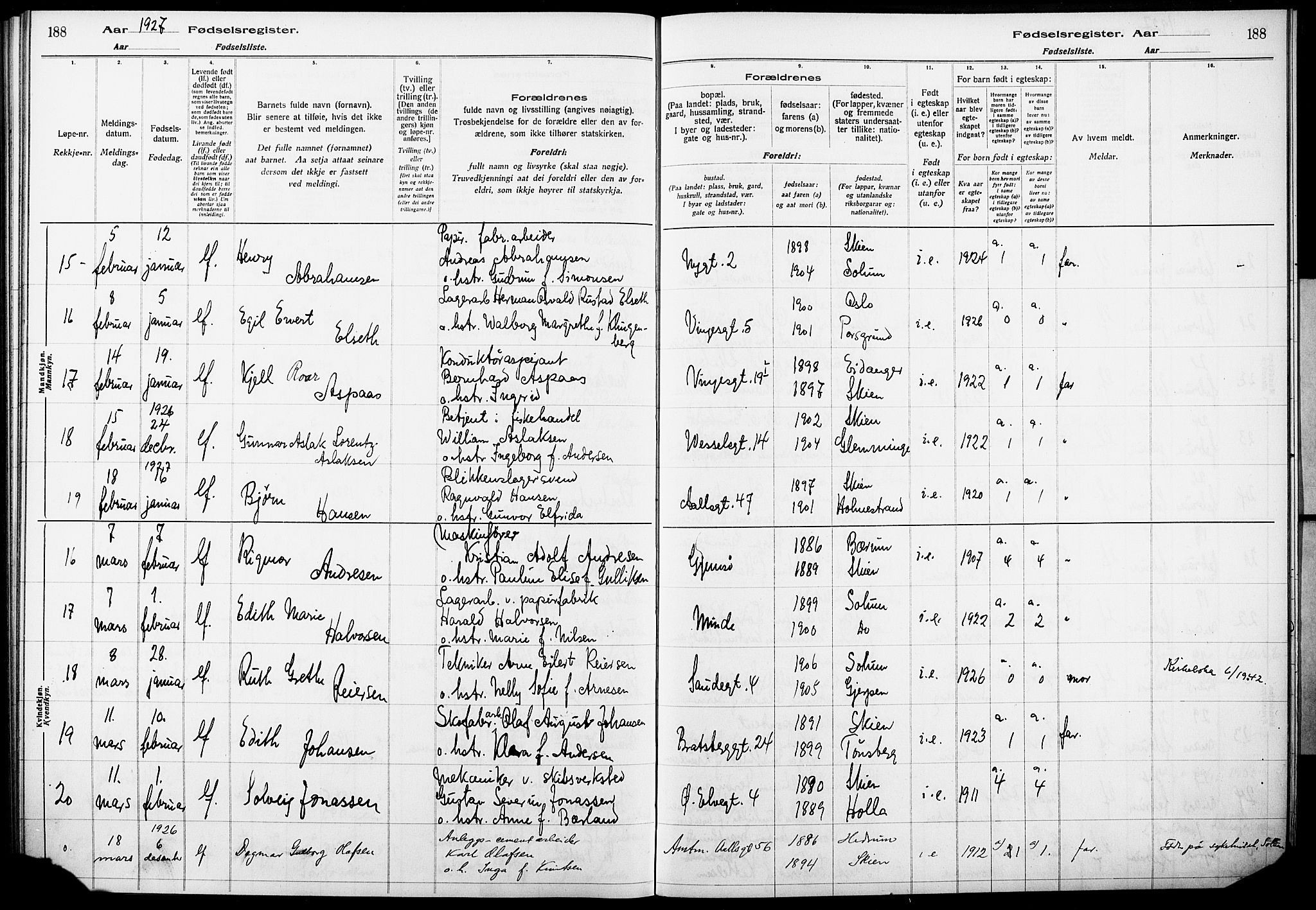 Skien kirkebøker, AV/SAKO-A-302/J/Ja/L0002: Birth register no. 2, 1921-1927, p. 188