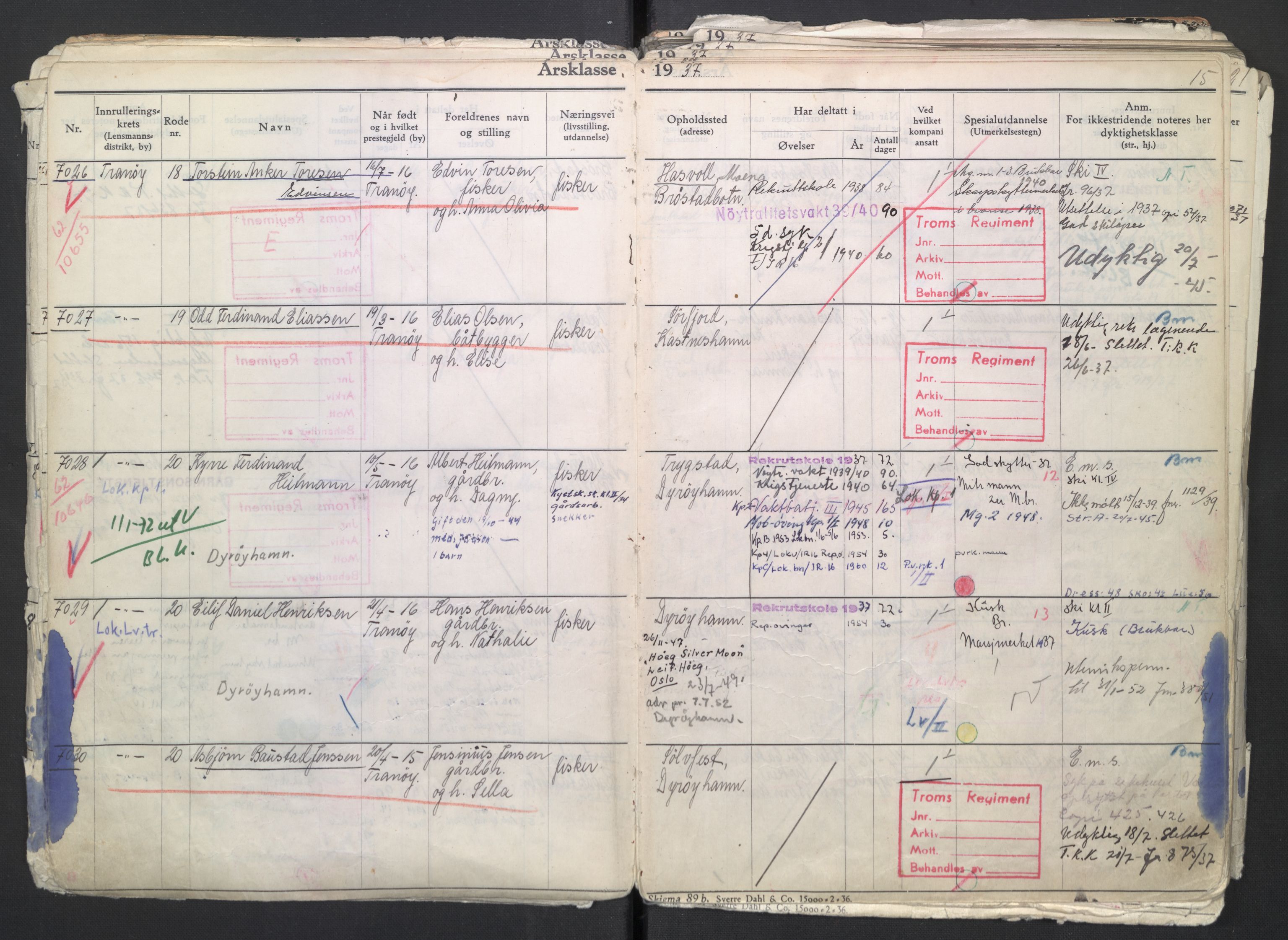 Forsvaret, Troms infanteriregiment nr. 16, AV/RA-RAFA-3146/P/Pa/L0007/0002: Ruller / Rulle for regimentets menige mannskaper, årsklasse 1937, 1937, p. 15