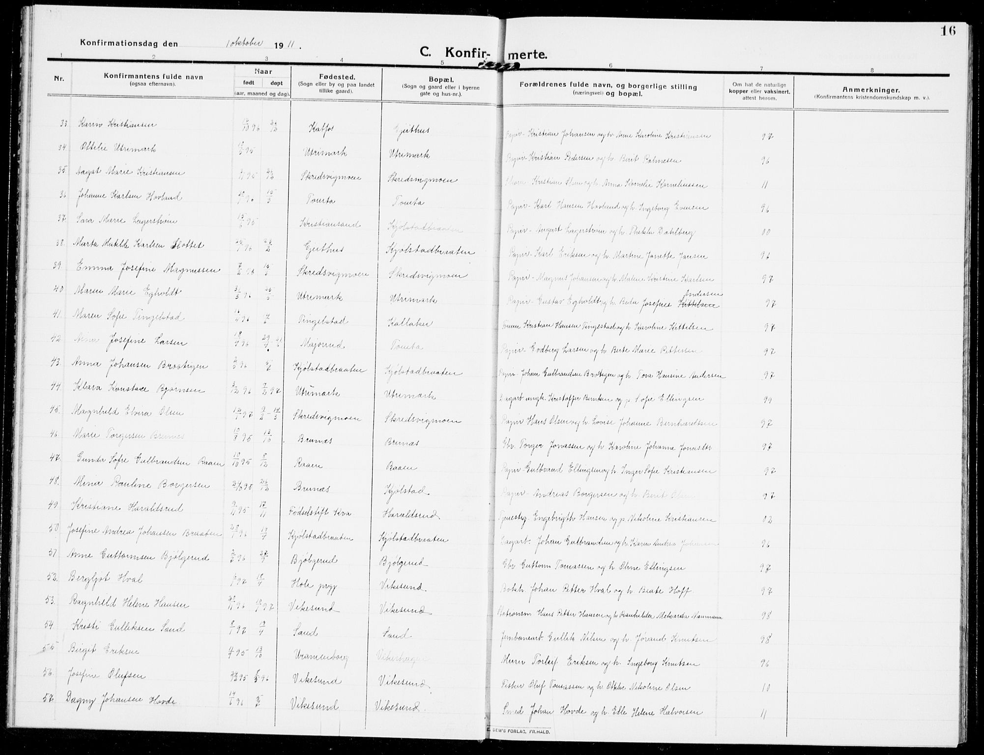 Modum kirkebøker, AV/SAKO-A-234/G/Ga/L0010: Parish register (copy) no. I 10, 1909-1923, p. 16