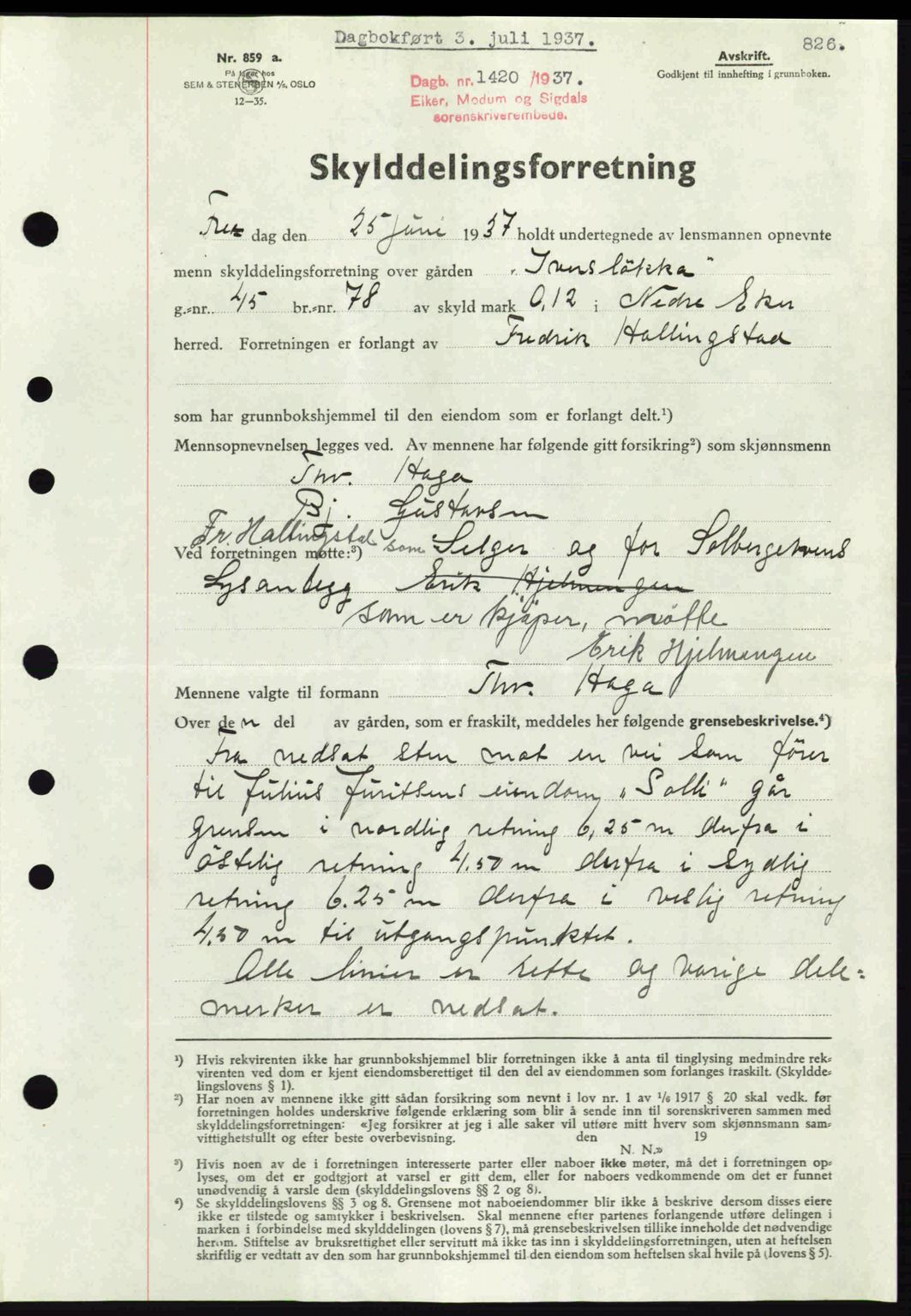 Eiker, Modum og Sigdal sorenskriveri, SAKO/A-123/G/Ga/Gab/L0035: Mortgage book no. A5, 1937-1937, Diary no: : 1420/1937
