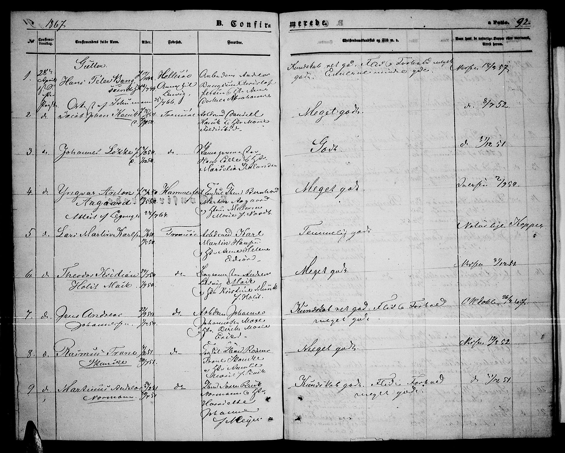 Tromsø sokneprestkontor/stiftsprosti/domprosti, SATØ/S-1343/G/Gb/L0007klokker: Parish register (copy) no. 7, 1867-1875, p. 92