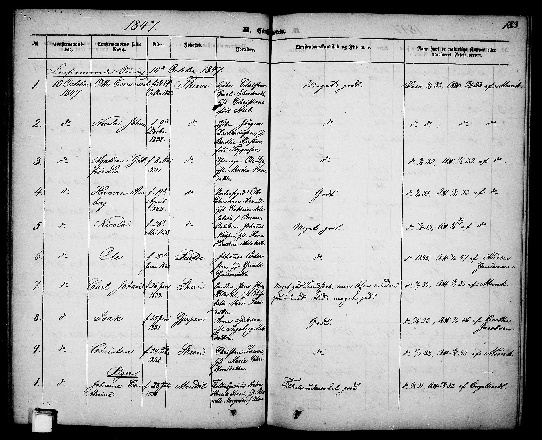 Skien kirkebøker, AV/SAKO-A-302/G/Ga/L0004: Parish register (copy) no. 4, 1843-1867, p. 183