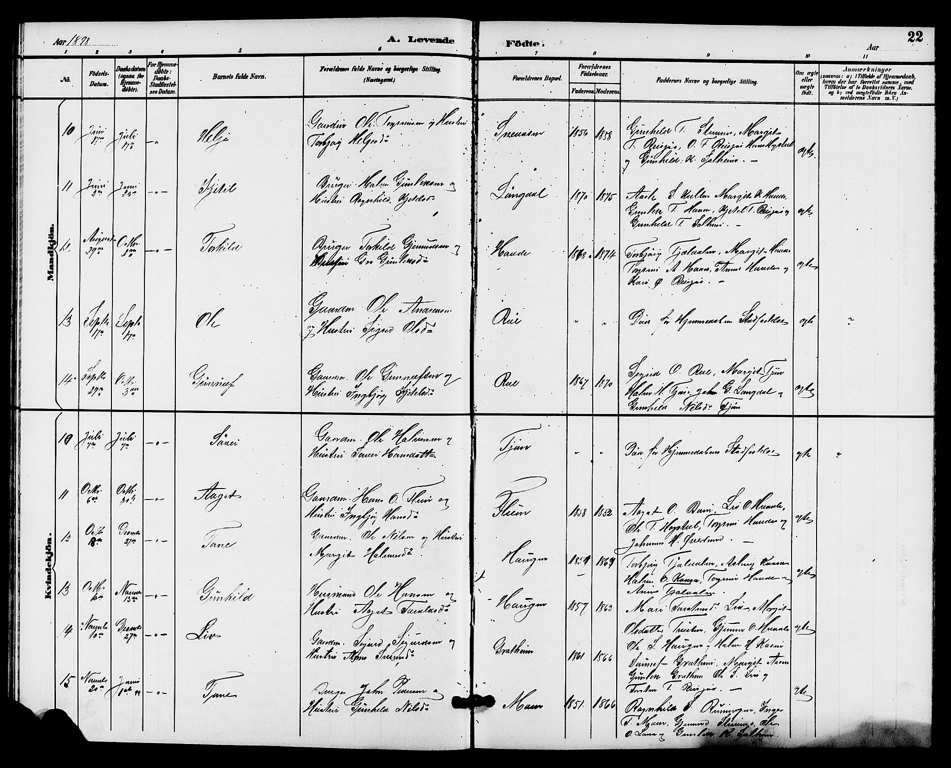 Hjartdal kirkebøker, SAKO/A-270/G/Gc/L0003: Parish register (copy) no. III 3, 1890-1907, p. 22