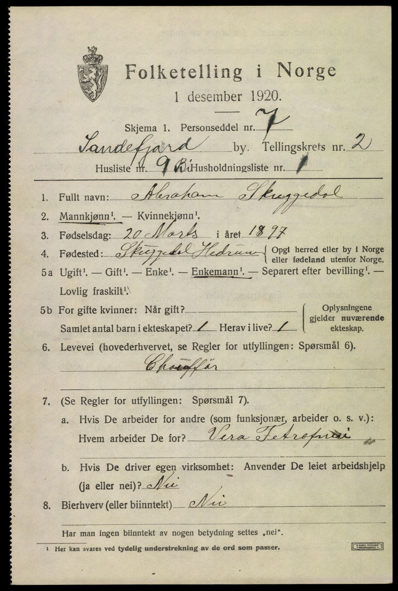 SAKO, 1920 census for Sandefjord, 1920, p. 5596