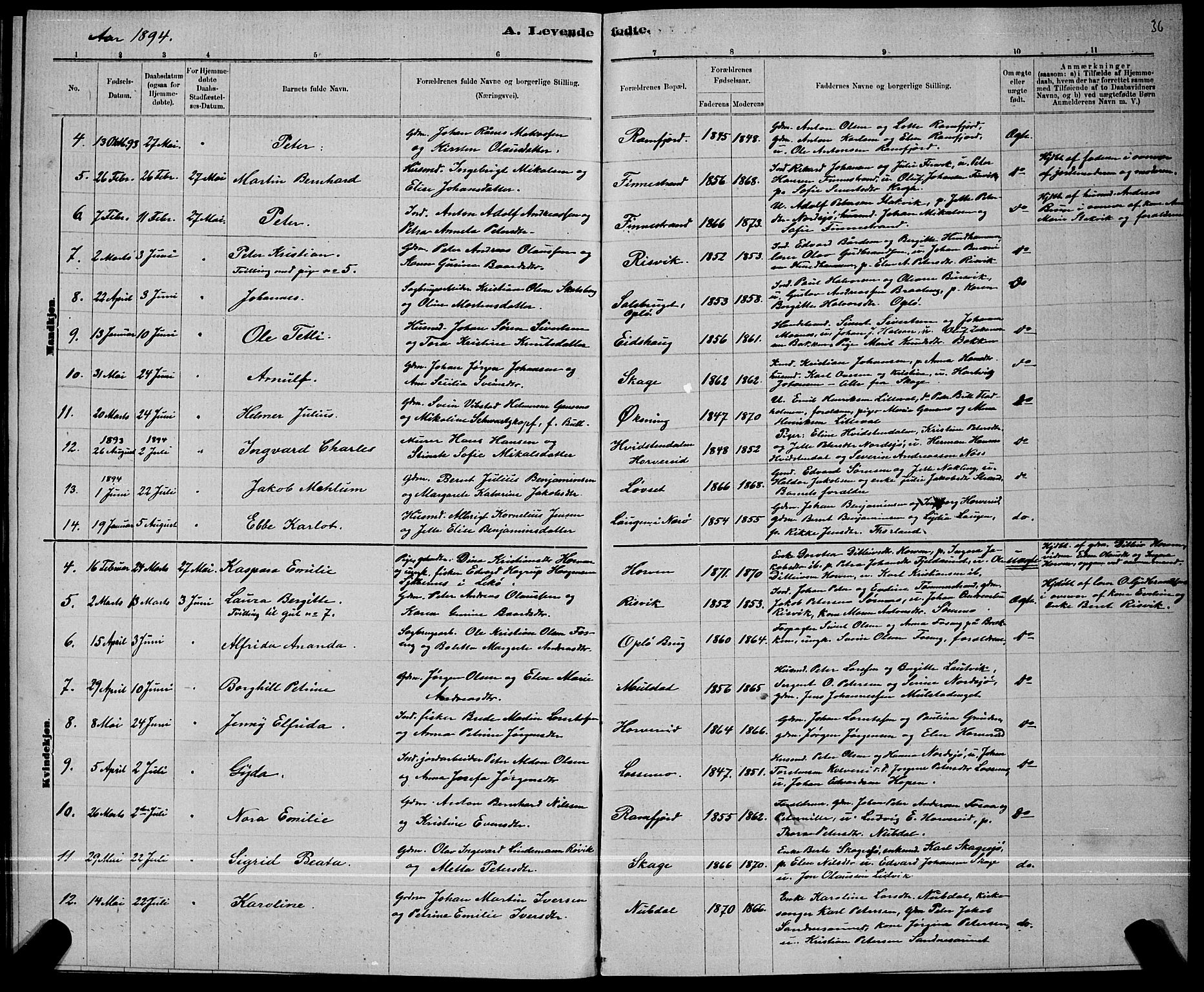 Ministerialprotokoller, klokkerbøker og fødselsregistre - Nord-Trøndelag, SAT/A-1458/780/L0651: Parish register (copy) no. 780C03, 1884-1898, p. 36