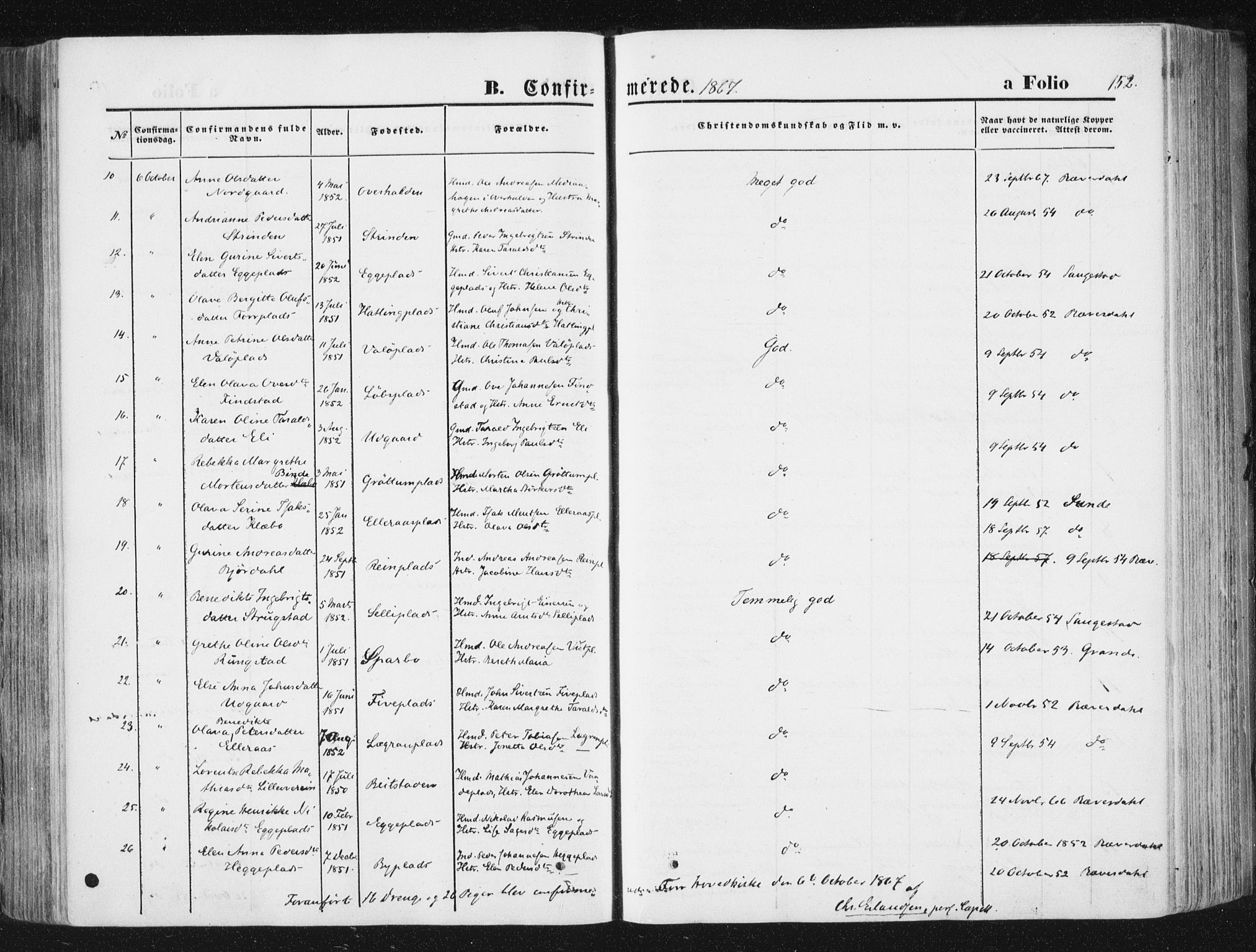 Ministerialprotokoller, klokkerbøker og fødselsregistre - Nord-Trøndelag, AV/SAT-A-1458/746/L0447: Parish register (official) no. 746A06, 1860-1877, p. 152