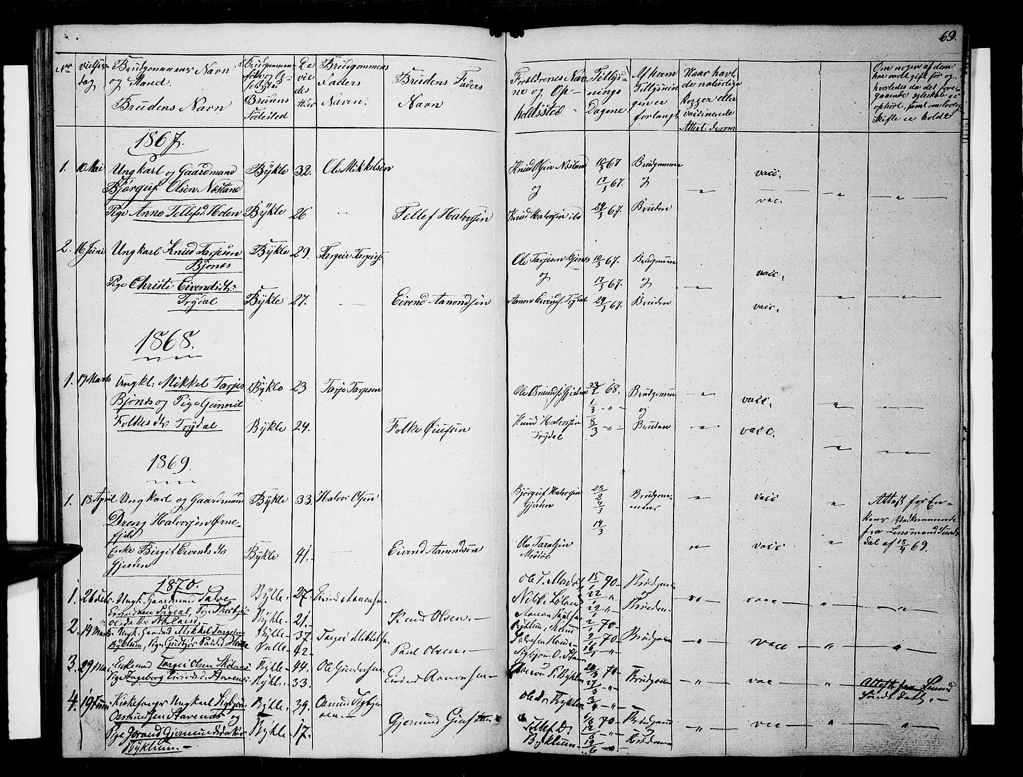 Valle sokneprestkontor, AV/SAK-1111-0044/F/Fb/Fba/L0001: Parish register (copy) no. B 1, 1851-1882, p. 69