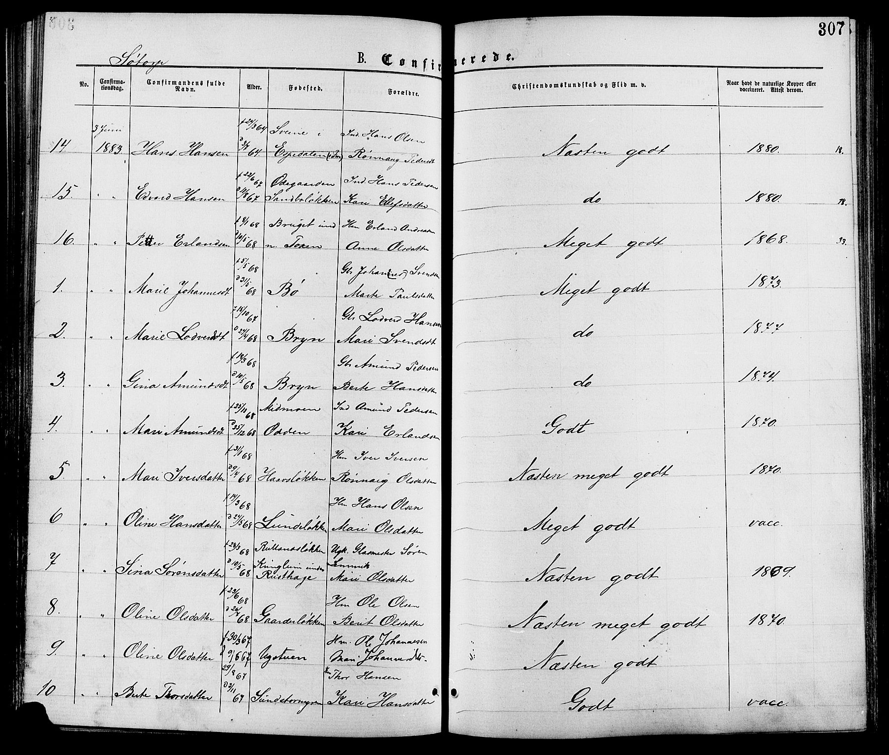 Nord-Fron prestekontor, AV/SAH-PREST-080/H/Ha/Haa/L0002: Parish register (official) no. 2, 1865-1883, p. 307