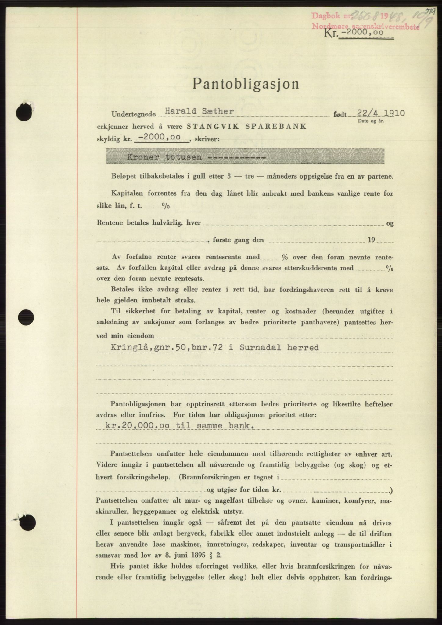 Nordmøre sorenskriveri, AV/SAT-A-4132/1/2/2Ca: Mortgage book no. B99, 1948-1948, Diary no: : 2568/1948