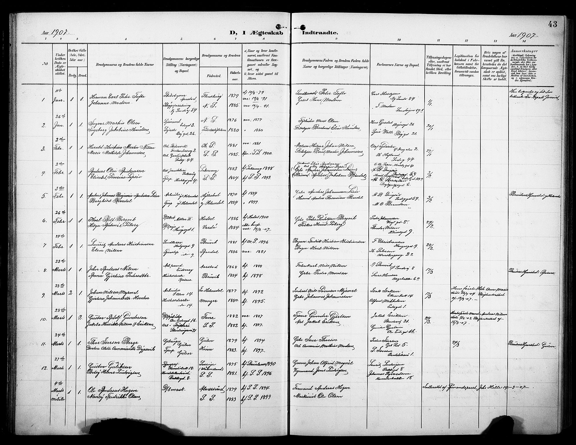 Sandviken Sokneprestembete, SAB/A-77601/H/Hb/L0014: Parish register (copy) no. D 1, 1902-1929, p. 43