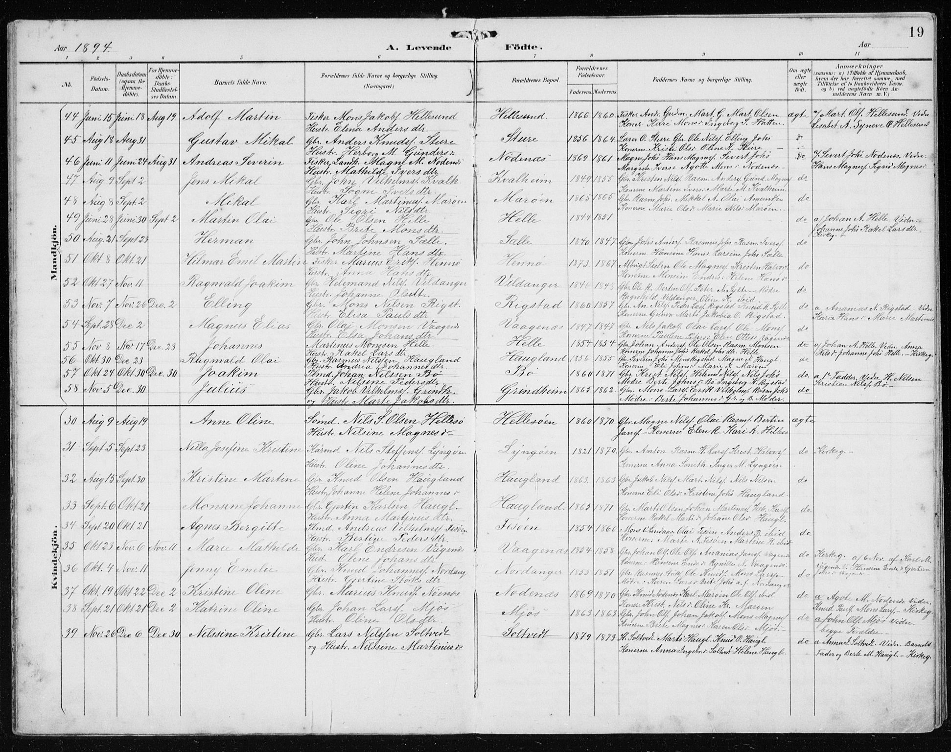 Manger sokneprestembete, AV/SAB-A-76801/H/Hab: Parish register (copy) no. B 3, 1891-1907, p. 19