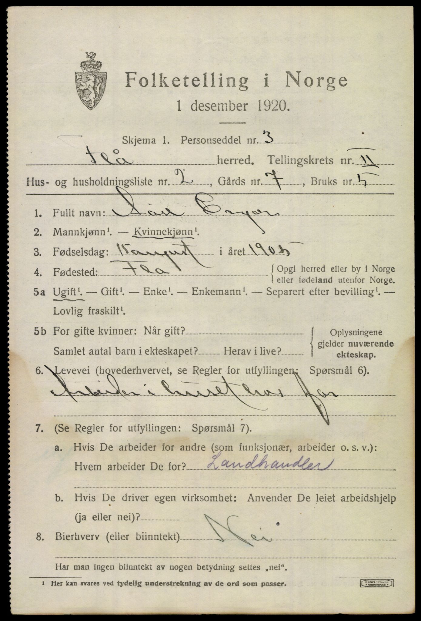 SAKO, 1920 census for Flå, 1920, p. 1379