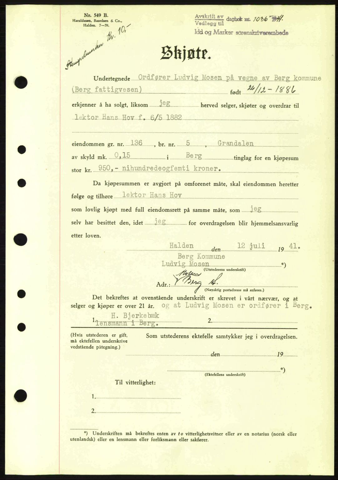 Idd og Marker sorenskriveri, AV/SAO-A-10283/G/Gb/Gbb/L0004: Mortgage book no. A4, 1940-1941, Diary no: : 1036/1941