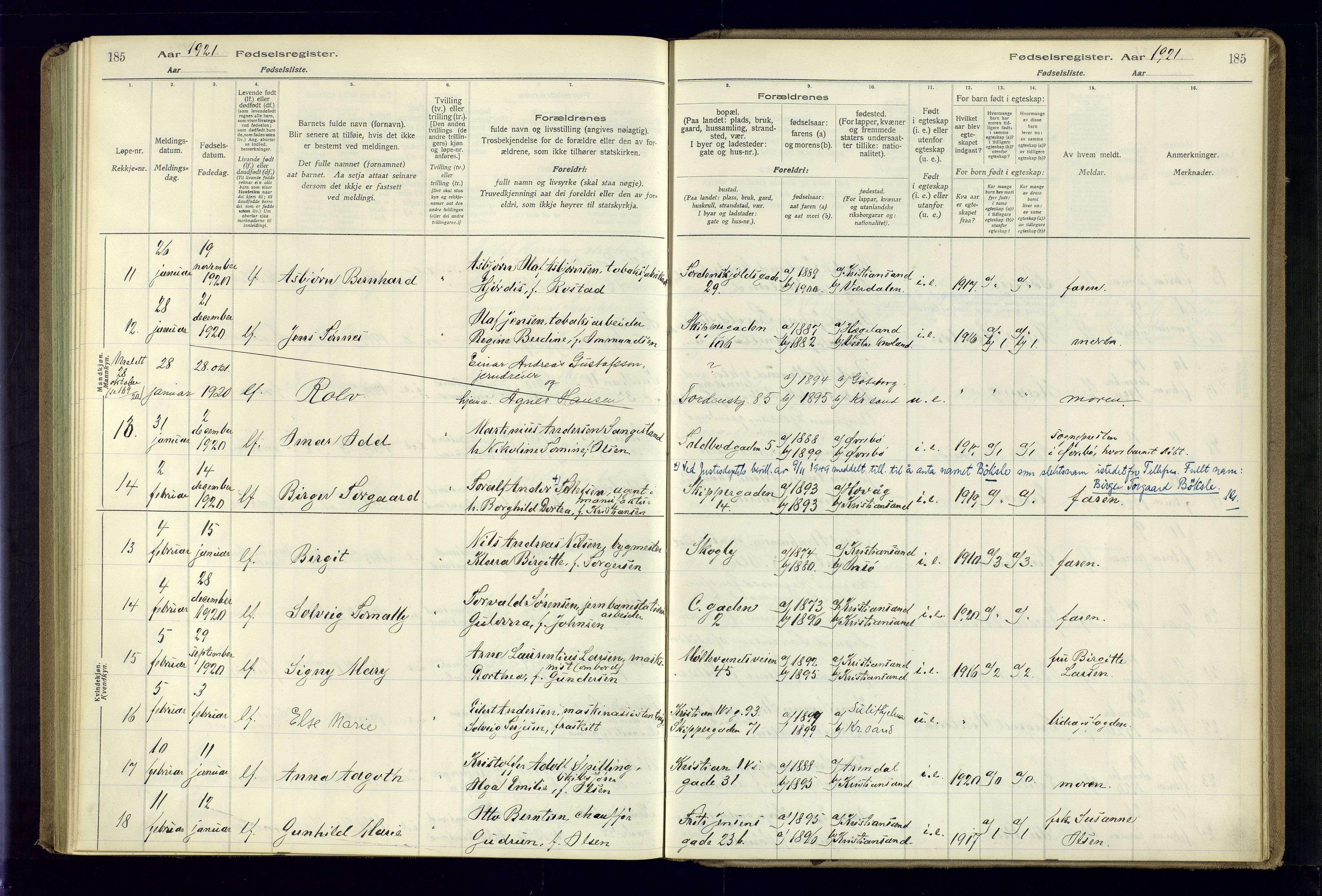 Kristiansand domprosti, AV/SAK-1112-0006/J/Jc/L0001: Birth register no. A-VI-45, 1916-1921, p. 185