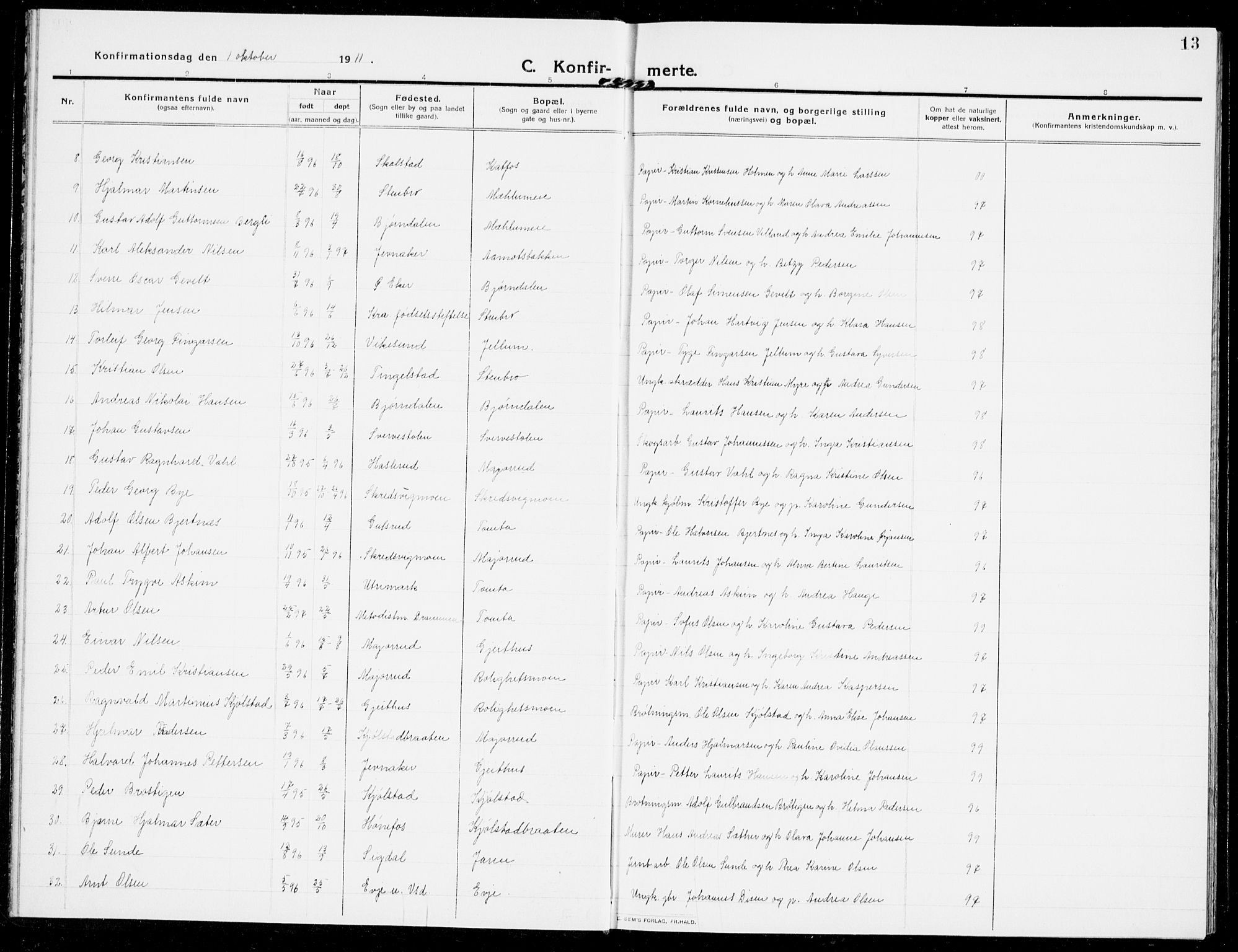 Modum kirkebøker, AV/SAKO-A-234/G/Ga/L0010: Parish register (copy) no. I 10, 1909-1923, p. 13