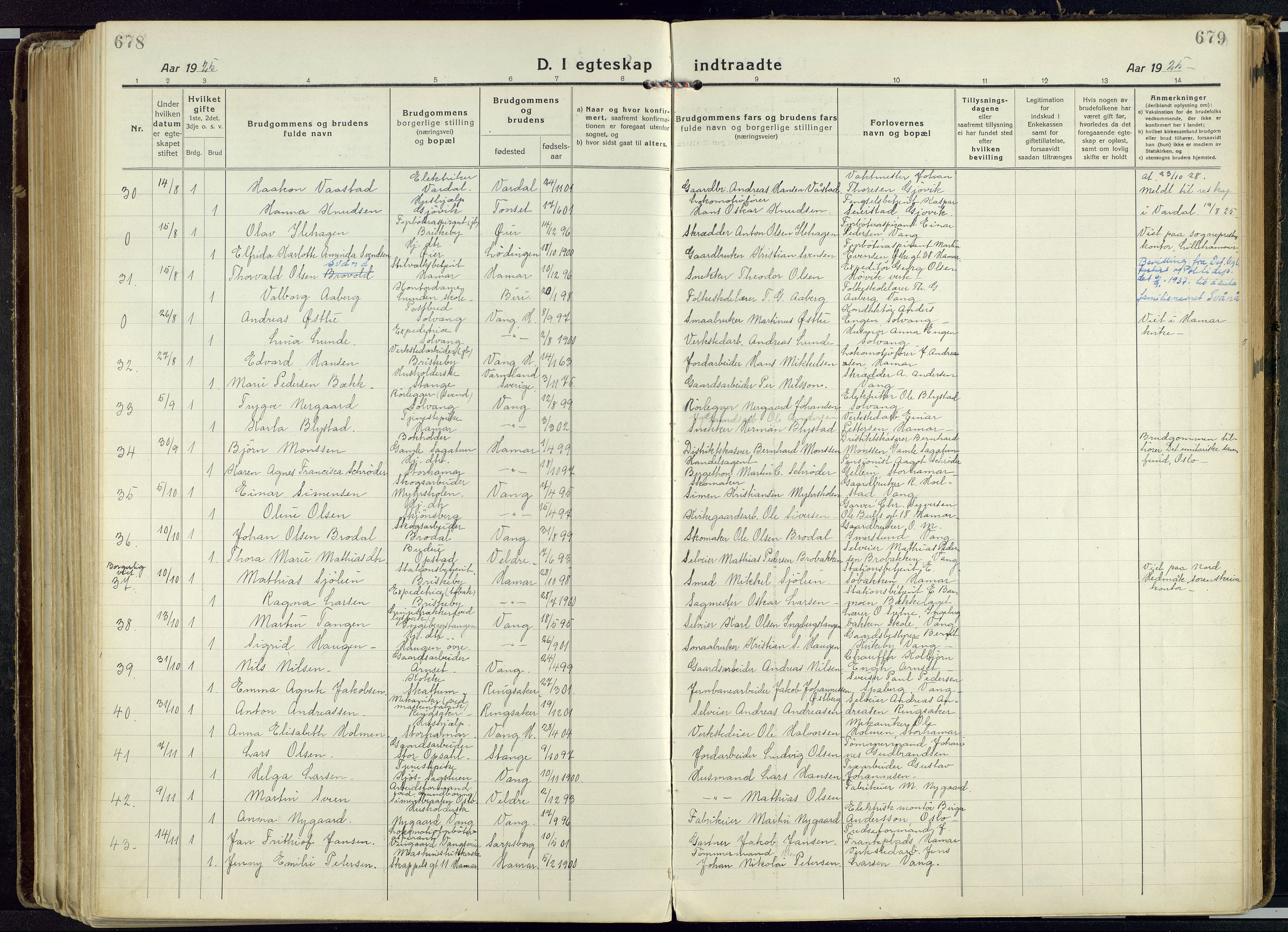 Vang prestekontor, Hedmark, AV/SAH-PREST-008/H/Ha/Haa/L0022: Parish register (official) no. 22, 1918-1944, p. 678-679