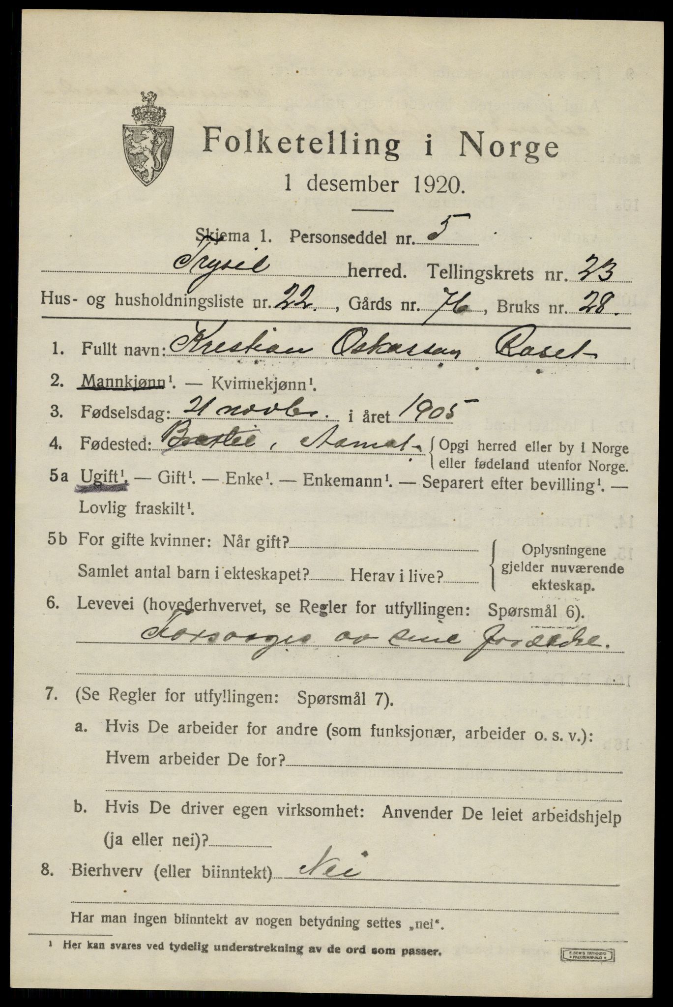 SAH, 1920 census for Trysil, 1920, p. 15117