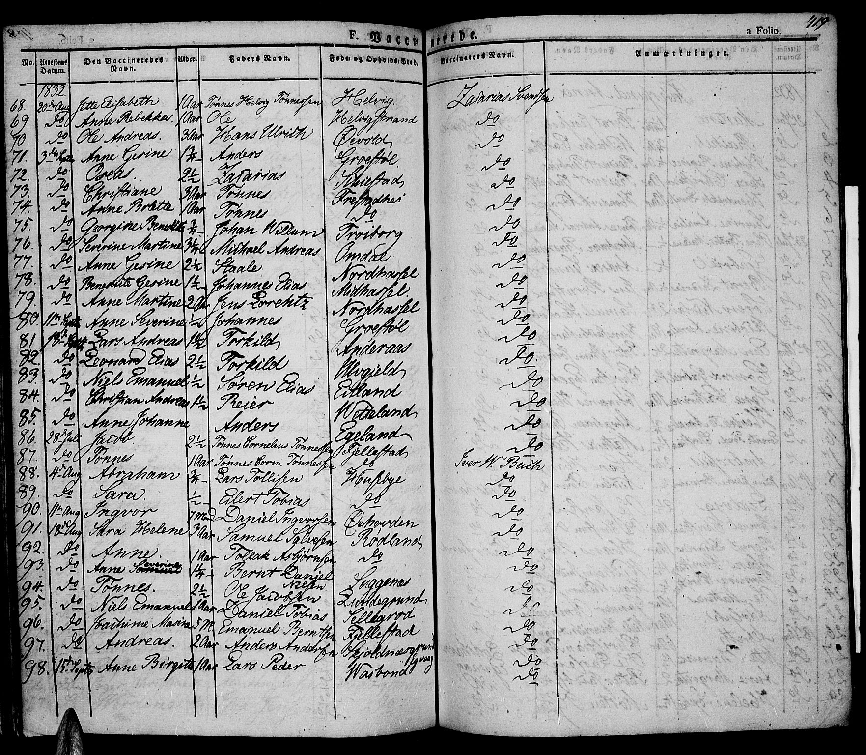 Lista sokneprestkontor, AV/SAK-1111-0027/F/Fa/L0008: Parish register (official) no. A 8, 1823-1835, p. 419