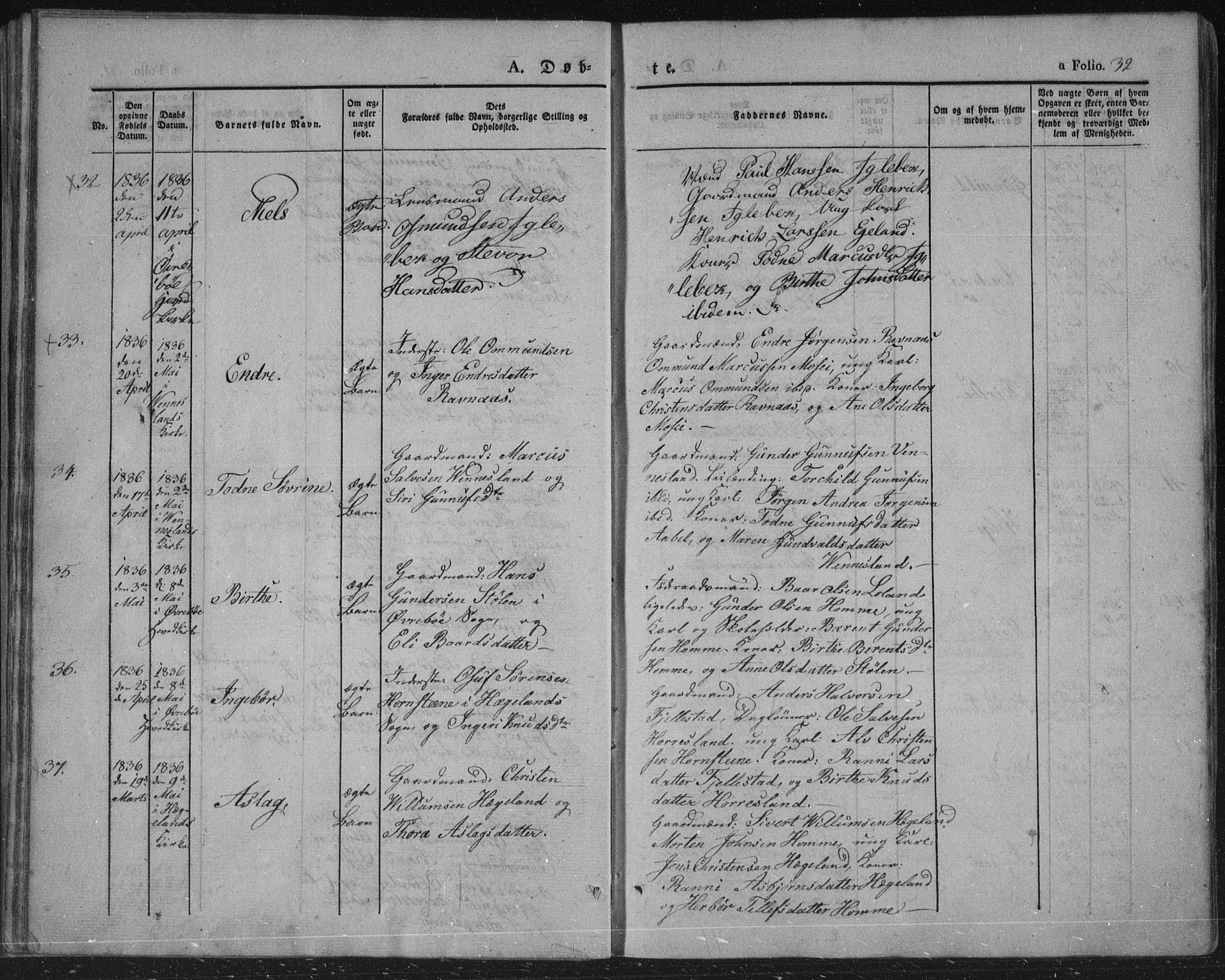 Vennesla sokneprestkontor, AV/SAK-1111-0045/Fa/Fac/L0004: Parish register (official) no. A 4, 1834-1855, p. 32