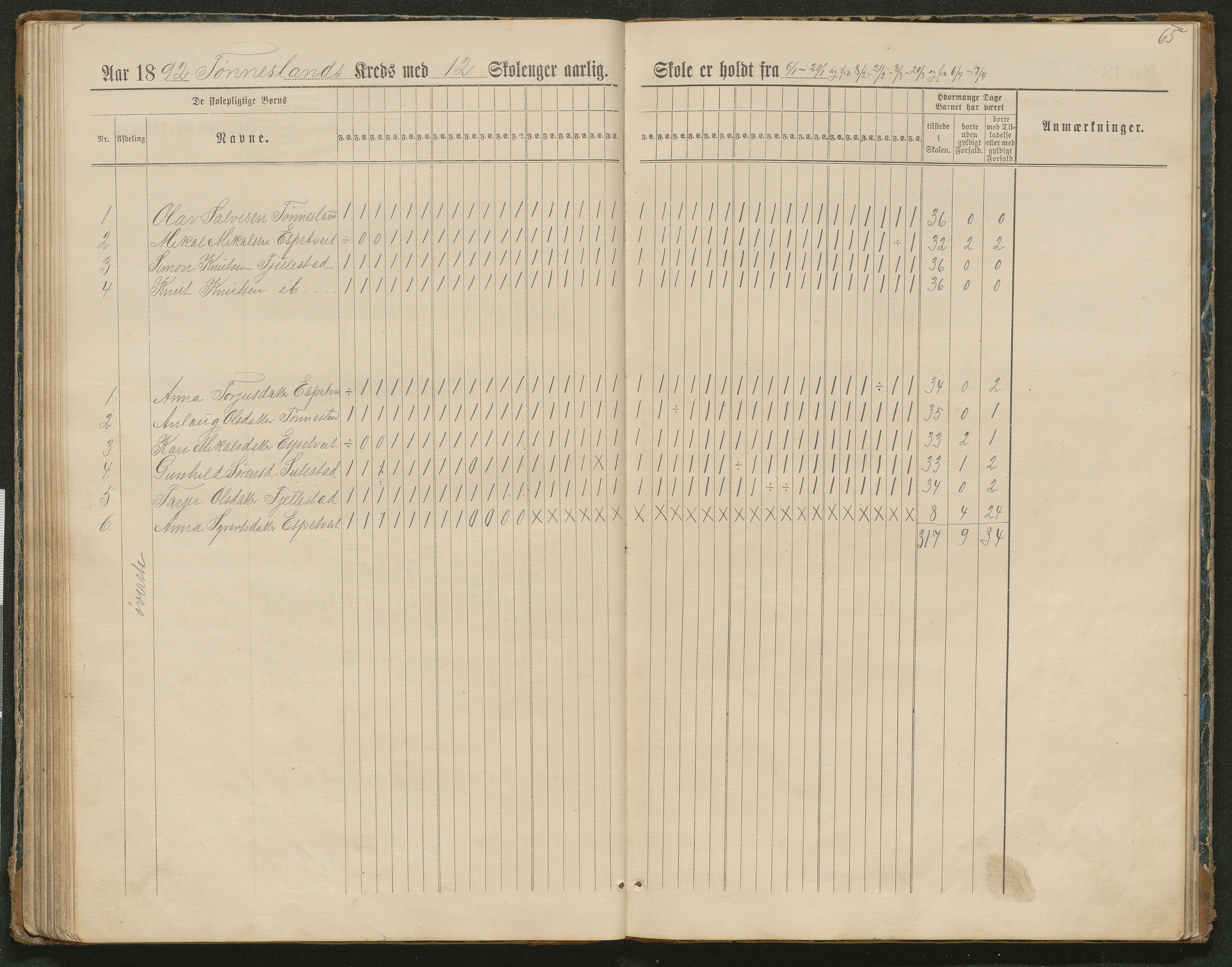 Hornnes kommune, Tønnesvold, Abusland skolekretser, AAKS/KA0936-550g/F1/L0003: Dagbok Abusland, Tønnesland, 1884-1900, p. 65