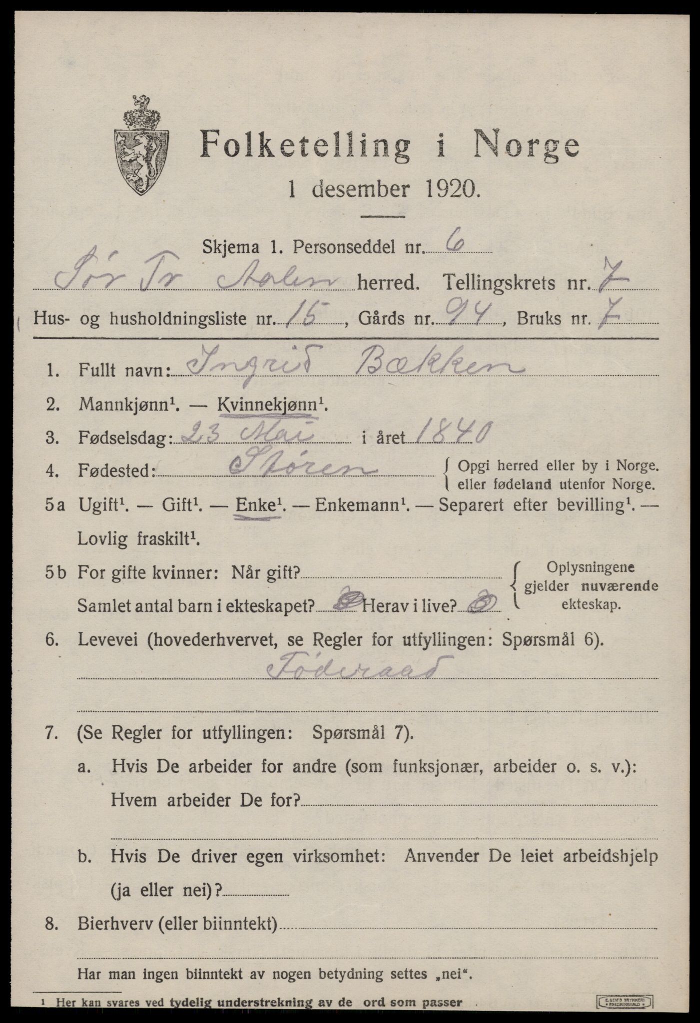 SAT, 1920 census for Ålen, 1920, p. 3594