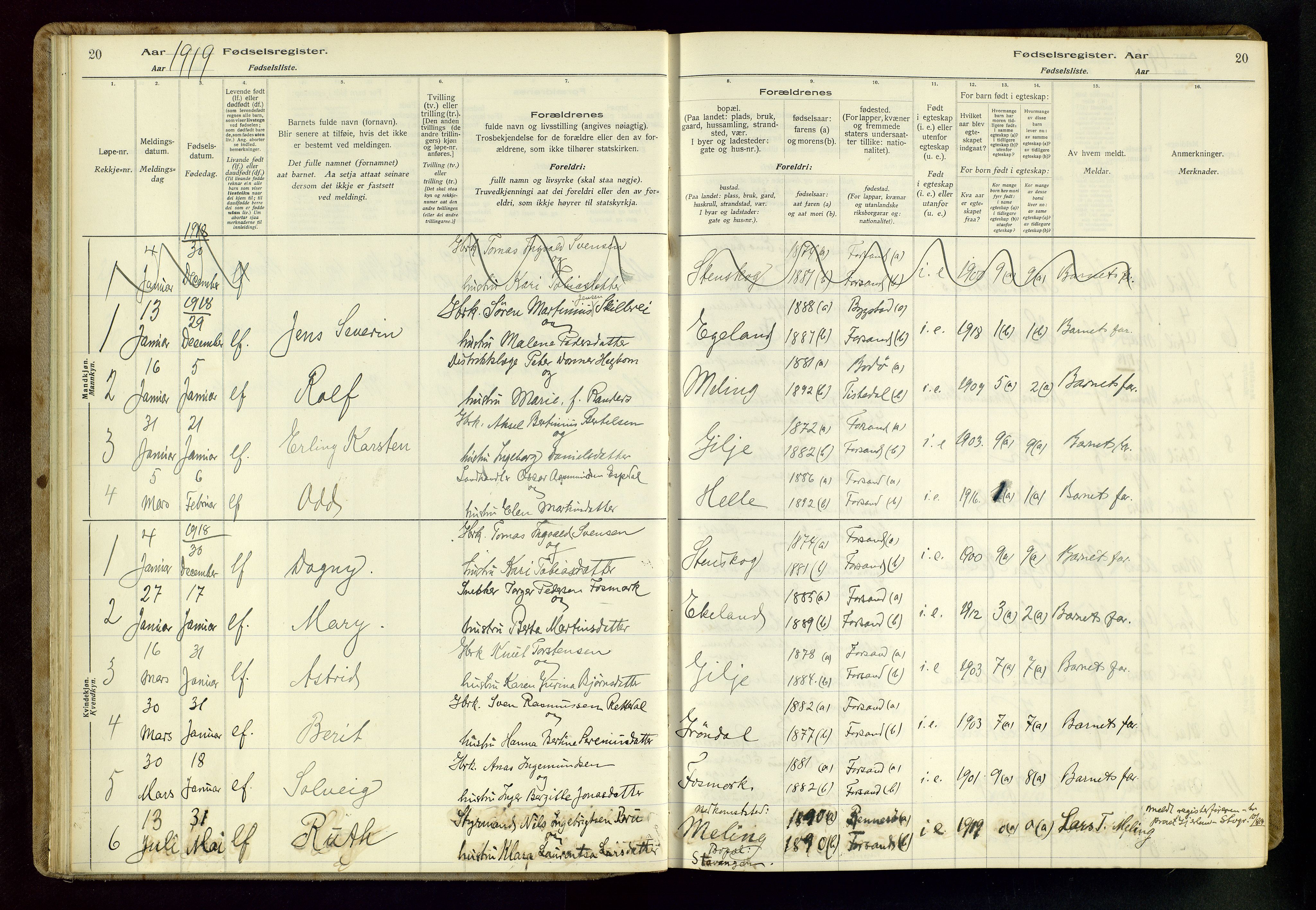 Høgsfjord sokneprestkontor, SAST/A-101624/I/Id/L0002: Birth register no. 2, 1916-1959, p. 20