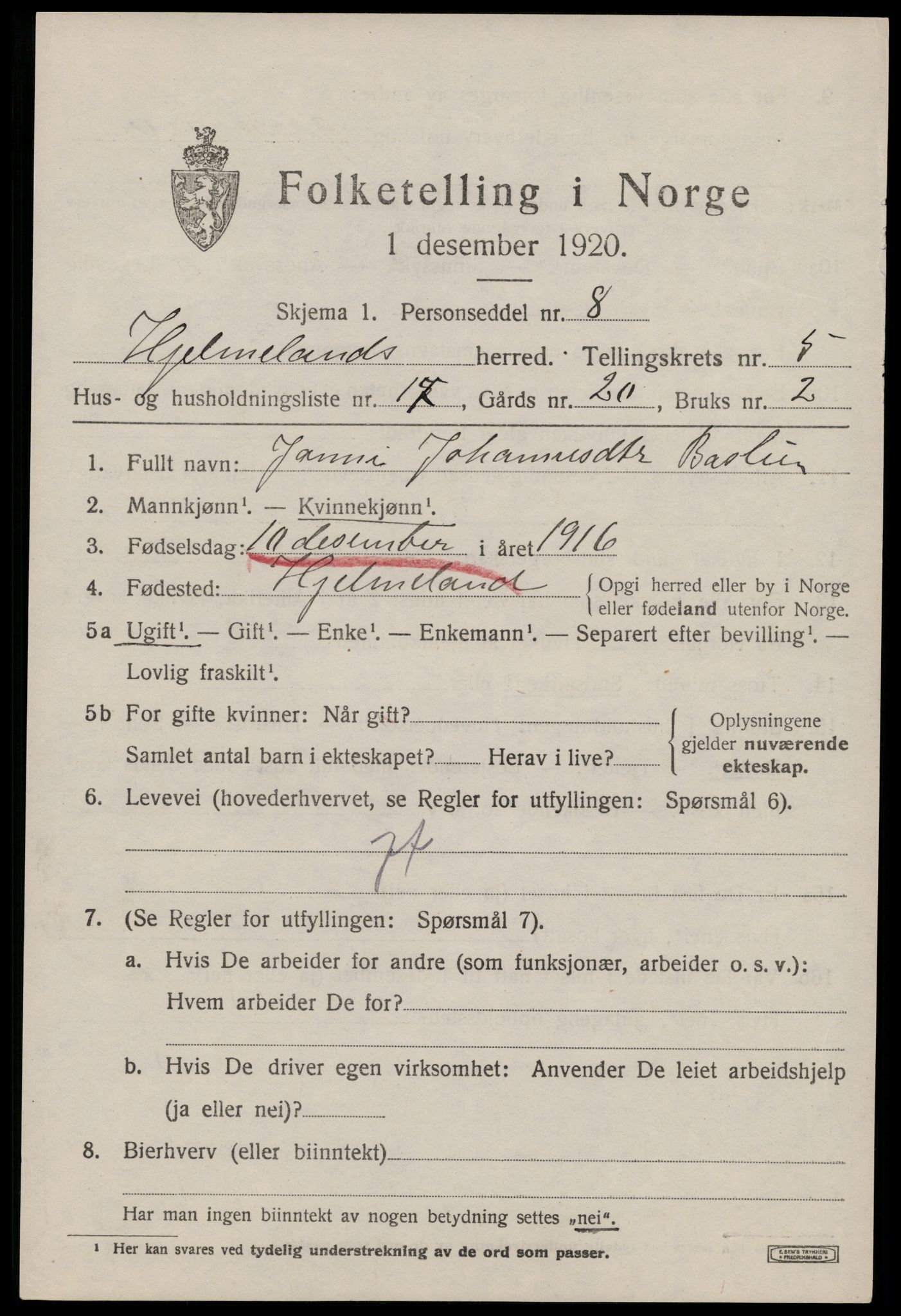 SAST, 1920 census for Hjelmeland, 1920, p. 2037