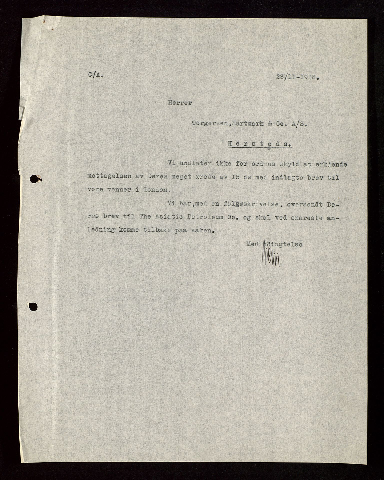 Pa 1521 - A/S Norske Shell, AV/SAST-A-101915/E/Ea/Eaa/L0003: Sjefskorrespondanse, 1918, p. 273