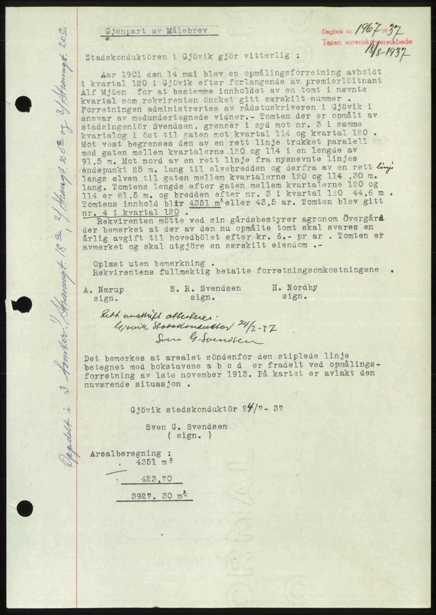 Toten tingrett, SAH/TING-006/H/Hb/Hbc/L0003: Mortgage book no. Hbc-03, 1937-1938, Diary no: : 1967/1937