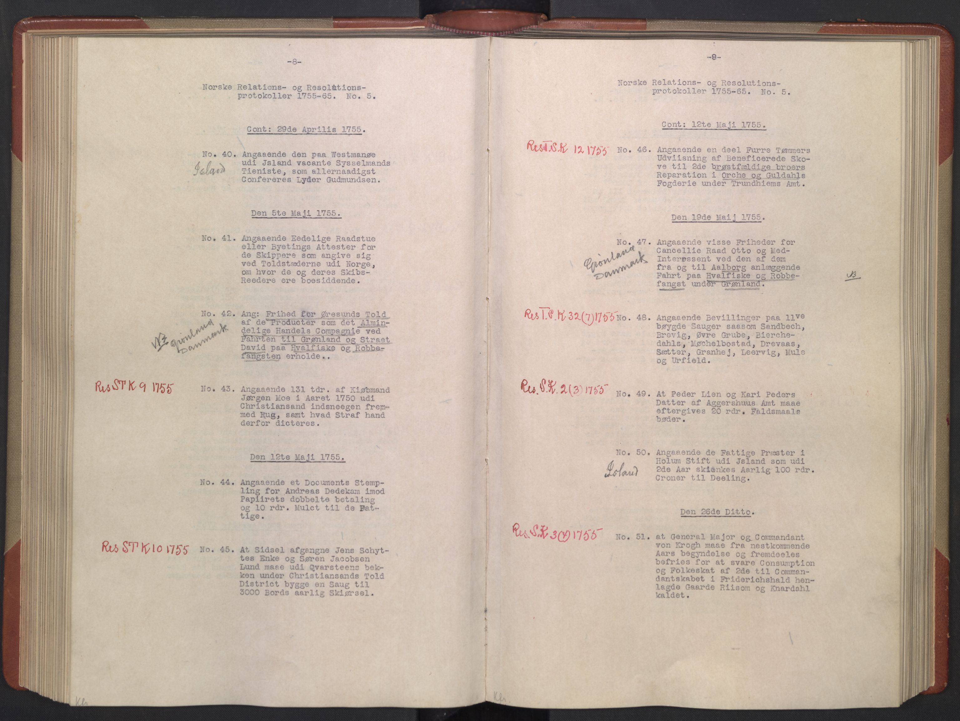 Avskriftsamlingen, AV/RA-EA-4022/F/Fb/L0119: Registratur over norske Relasjons- og  resolusjonsprotokoller, 1755-1765, p. 125