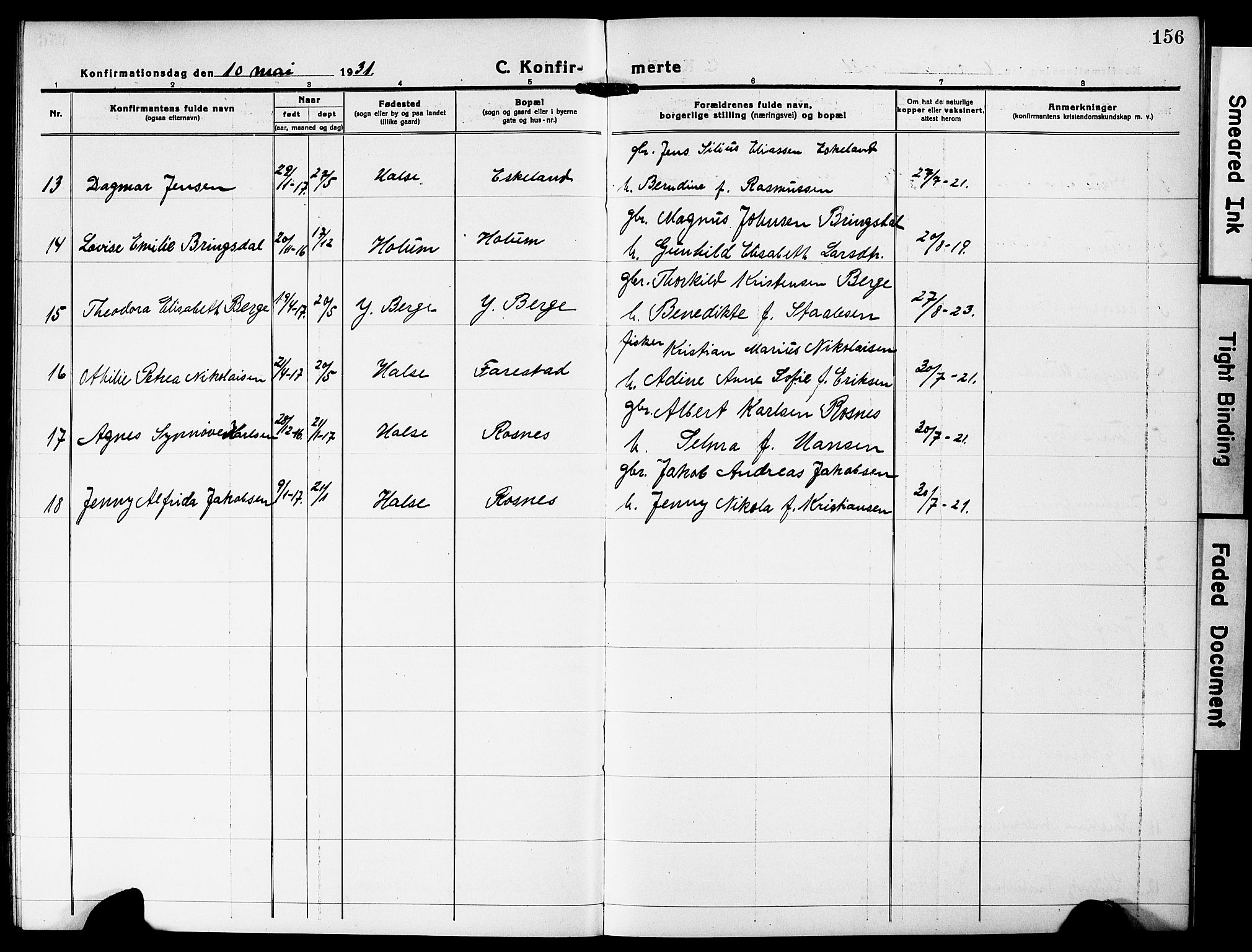 Mandal sokneprestkontor, SAK/1111-0030/F/Fb/Fba/L0013: Parish register (copy) no. B 7, 1918-1931, p. 156