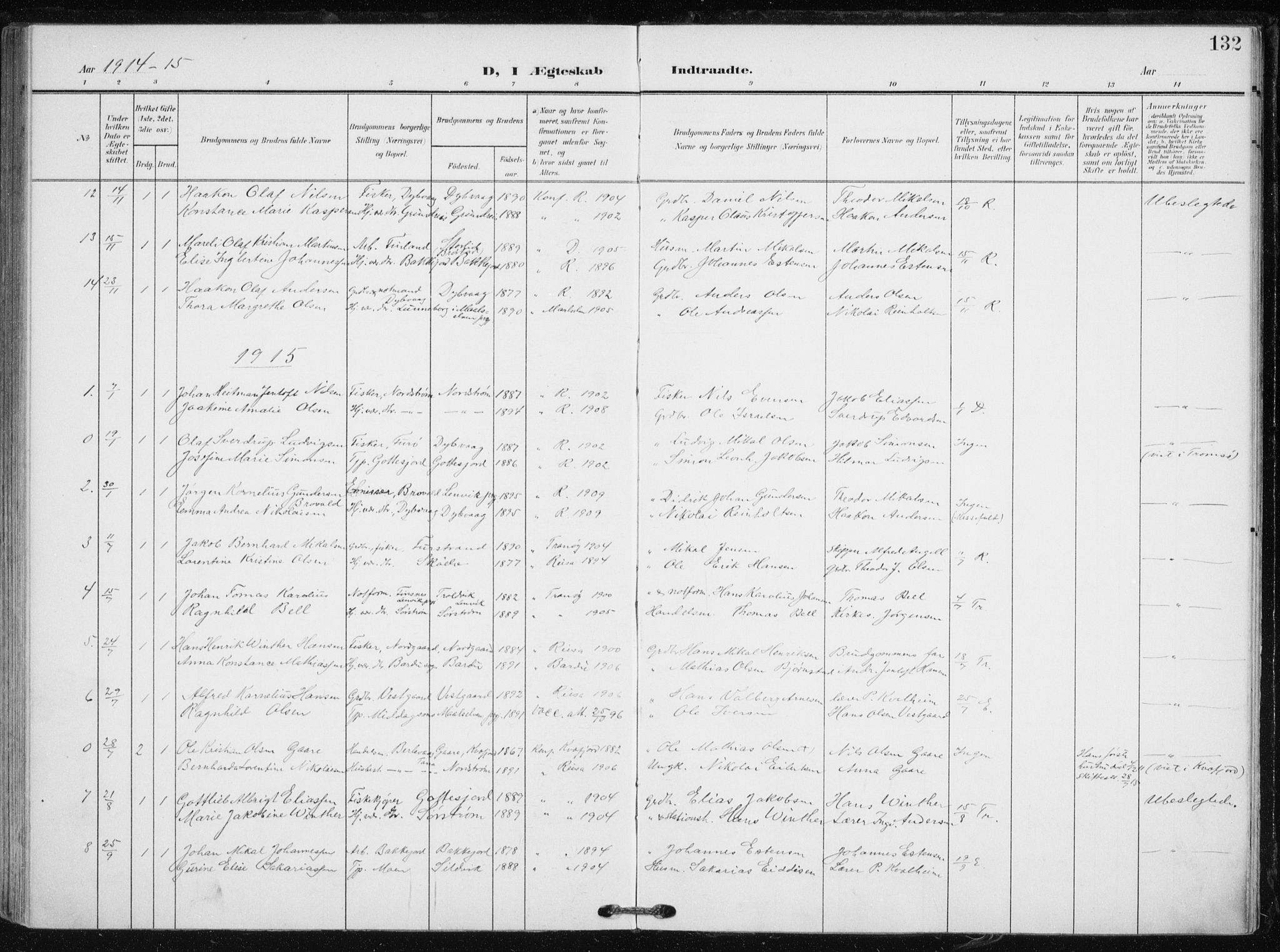 Tranøy sokneprestkontor, SATØ/S-1313/I/Ia/Iaa/L0012kirke: Parish register (official) no. 12, 1905-1918, p. 132