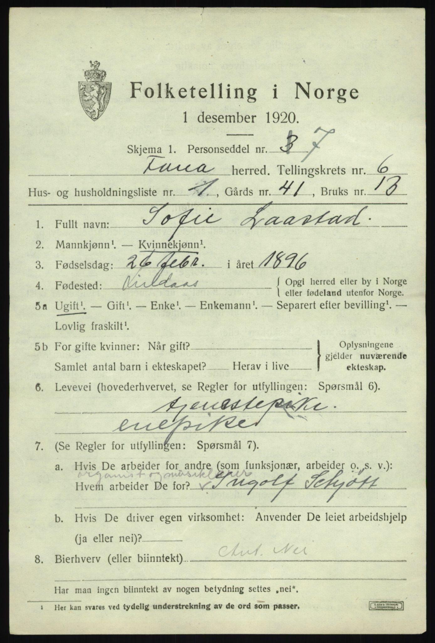 SAB, 1920 census for Fana, 1920, p. 10135