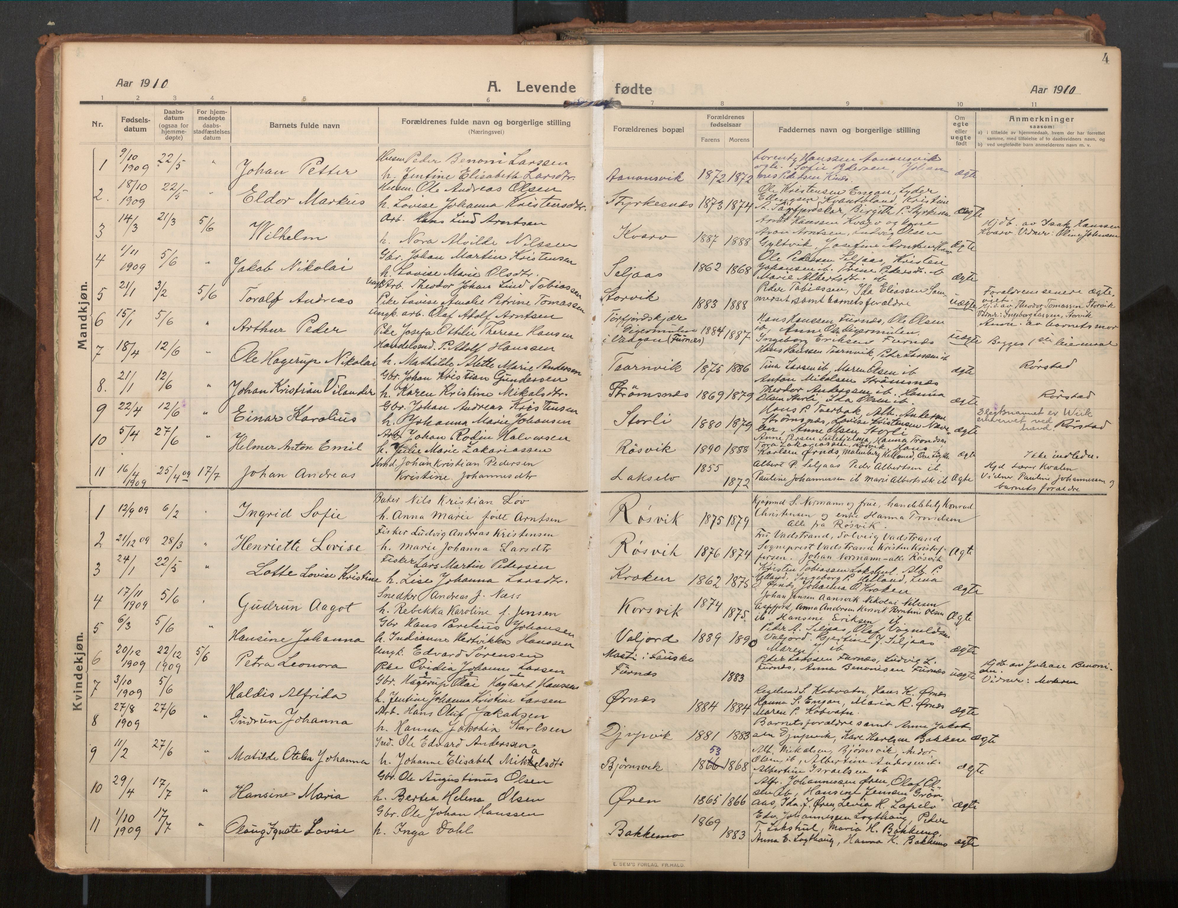 Ministerialprotokoller, klokkerbøker og fødselsregistre - Nordland, SAT/A-1459/854/L0784: Parish register (official) no. 854A07, 1910-1922, p. 4