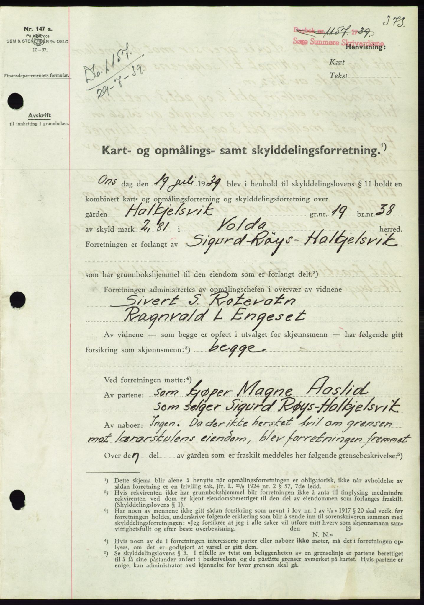 Søre Sunnmøre sorenskriveri, AV/SAT-A-4122/1/2/2C/L0068: Mortgage book no. 62, 1939-1939, Diary no: : 1157/1939