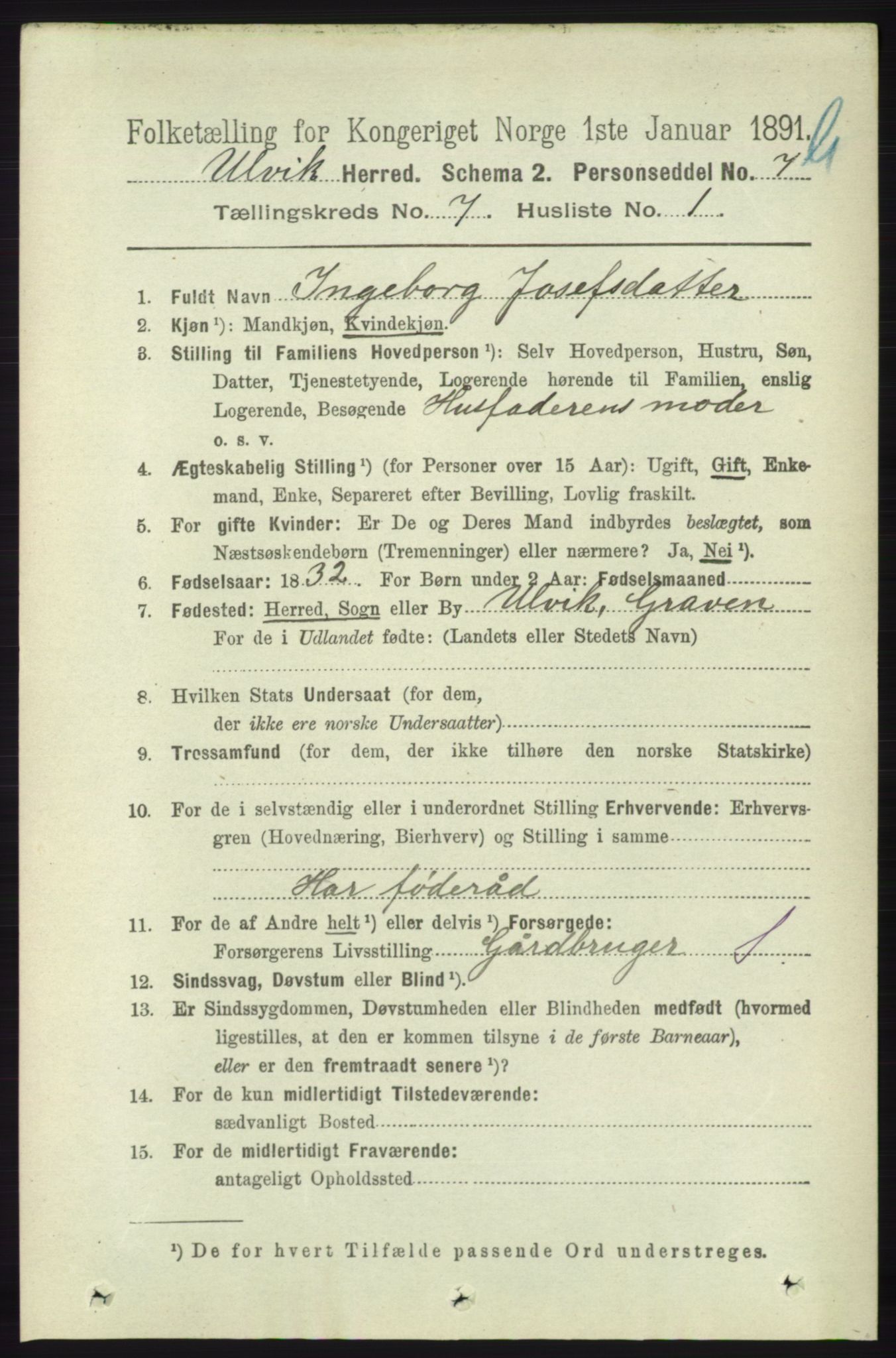 RA, 1891 census for 1233 Ulvik, 1891, p. 2276