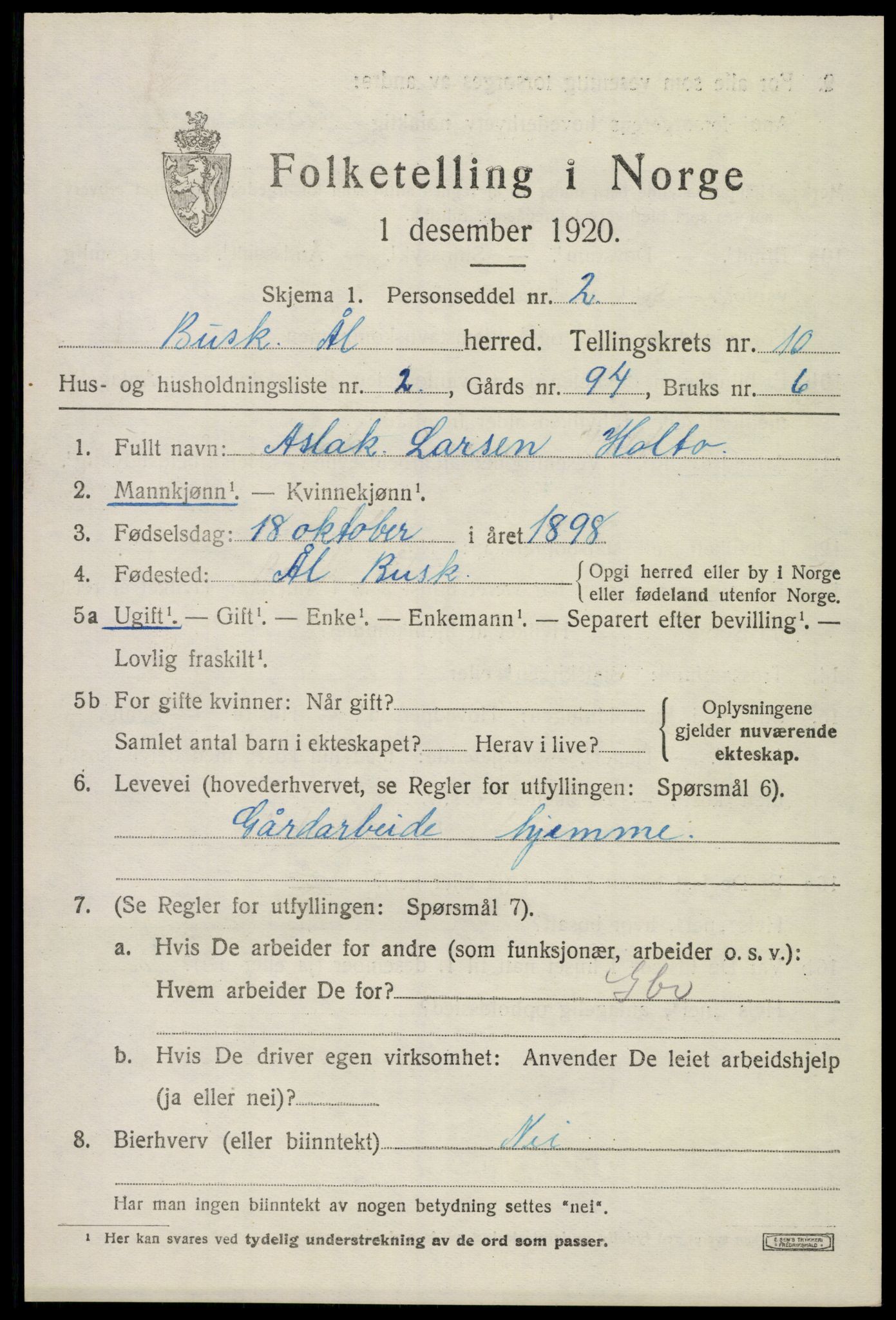 SAKO, 1920 census for Ål, 1920, p. 5960