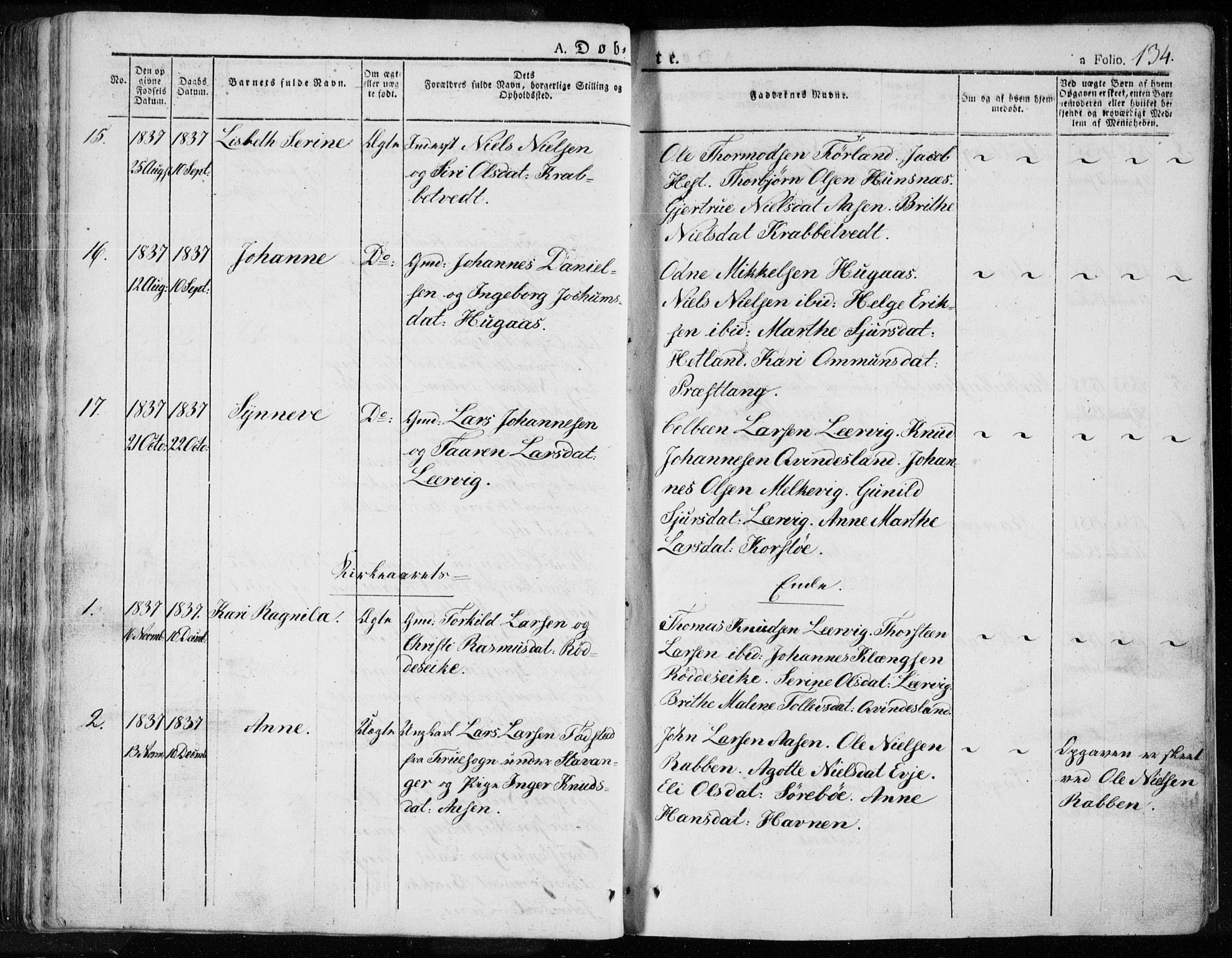 Tysvær sokneprestkontor, AV/SAST-A -101864/H/Ha/Haa/L0001: Parish register (official) no. A 1.1, 1831-1856, p. 134