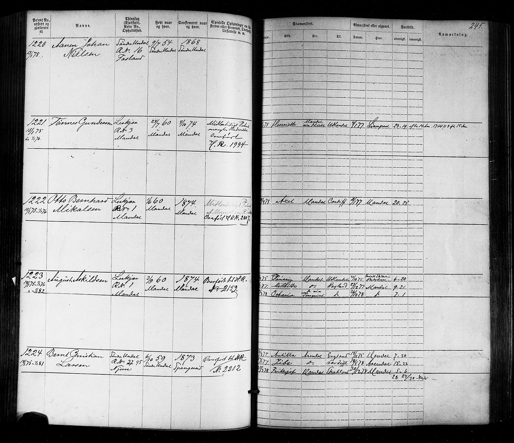 Mandal mønstringskrets, AV/SAK-2031-0016/F/Fa/L0005: Annotasjonsrulle nr 1-1909 med register, Y-15, 1868-1880, p. 285