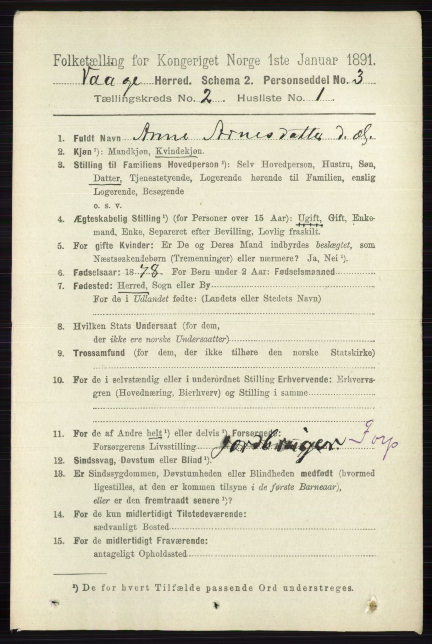 RA, 1891 census for 0515 Vågå, 1891, p. 1137