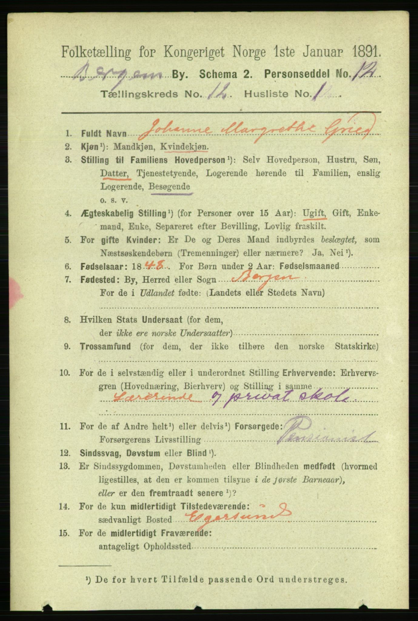 RA, 1891 Census for 1301 Bergen, 1891, p. 20884