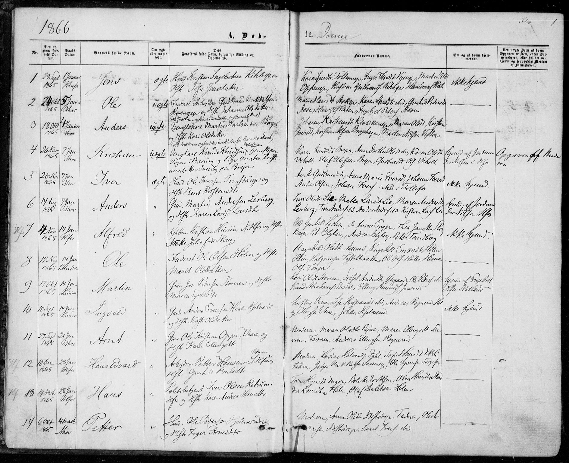 Norderhov kirkebøker, AV/SAKO-A-237/F/Fa/L0013: Parish register (official) no. 13, 1866-1874, p. 1