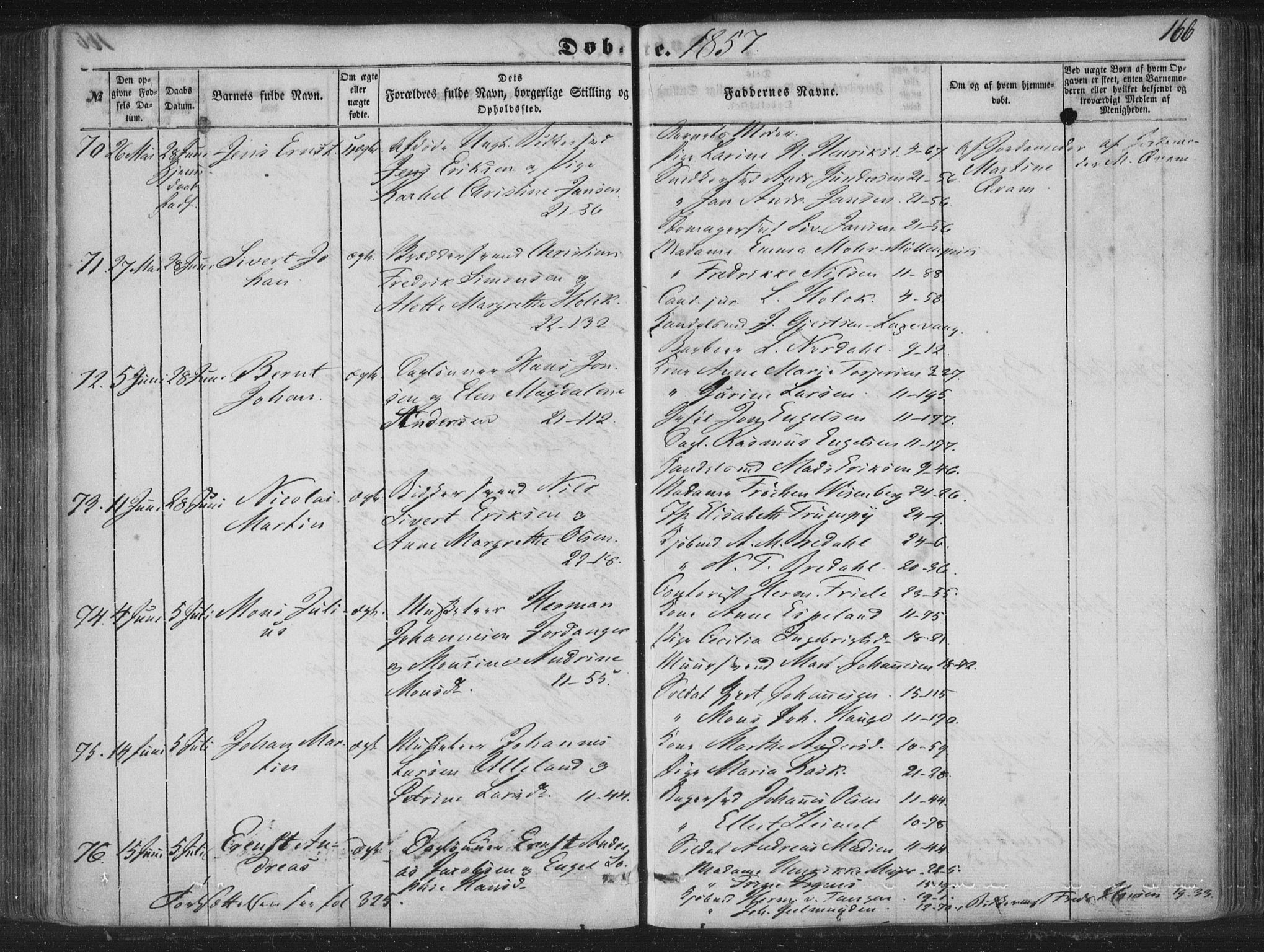 Korskirken sokneprestembete, AV/SAB-A-76101/H/Haa/L0017: Parish register (official) no. B 3, 1851-1857, p. 166