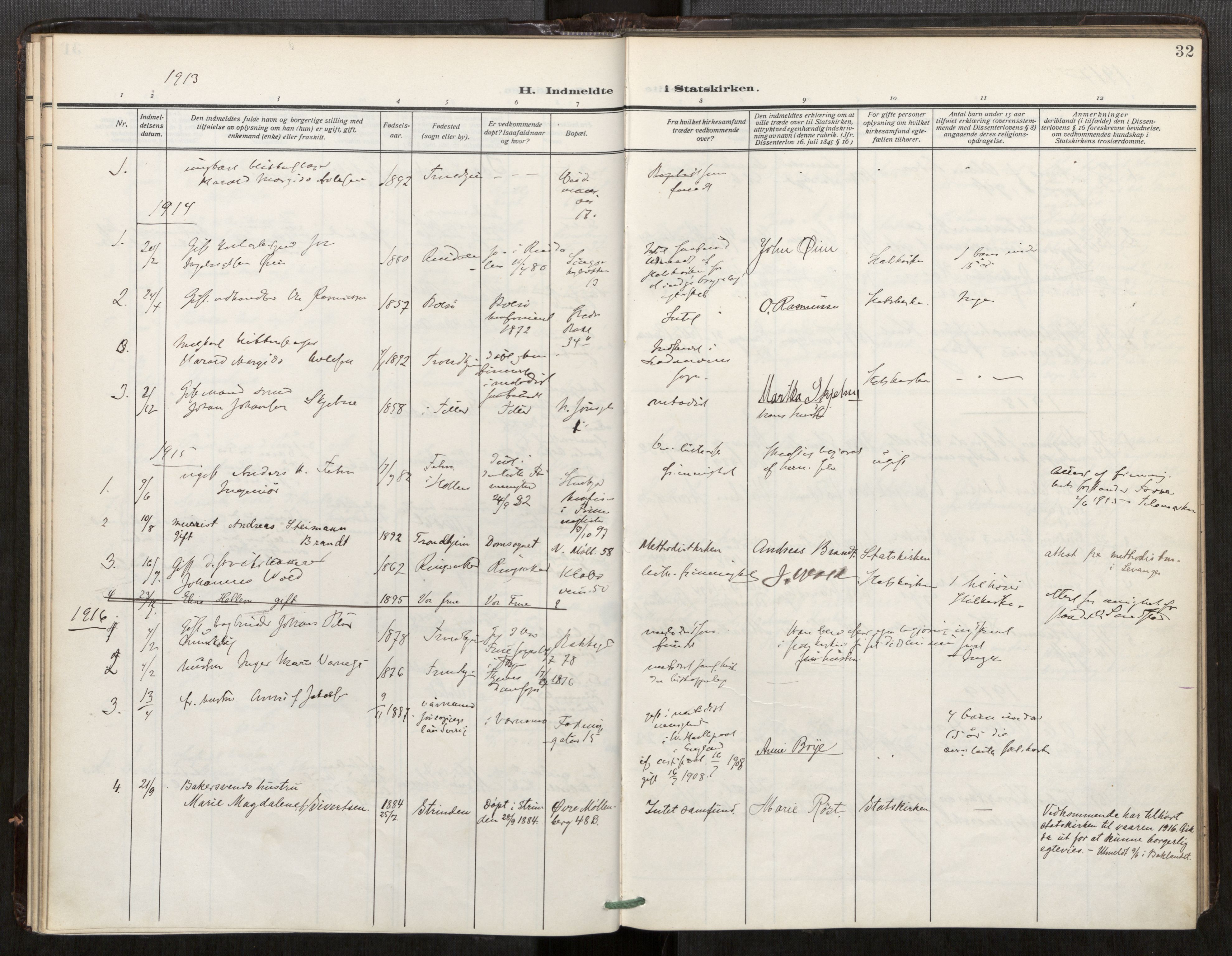 Bakklandet sokneprestkontor, SAT/A-1127: Parish register (official) no. 604A32, 1912-1919, p. 32