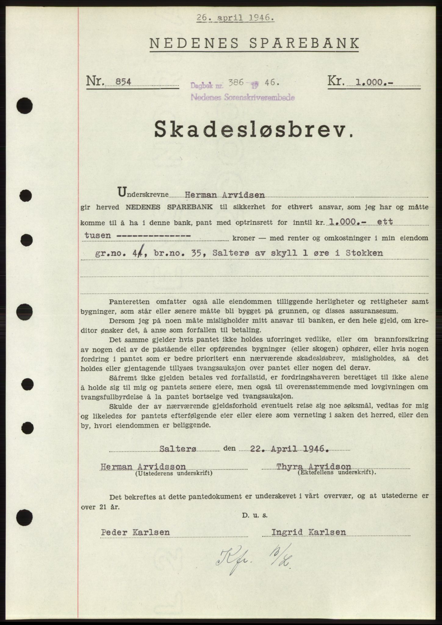 Nedenes sorenskriveri, SAK/1221-0006/G/Gb/Gbb/L0003: Mortgage book no. B3b, 1946-1946, Diary no: : 386/1946