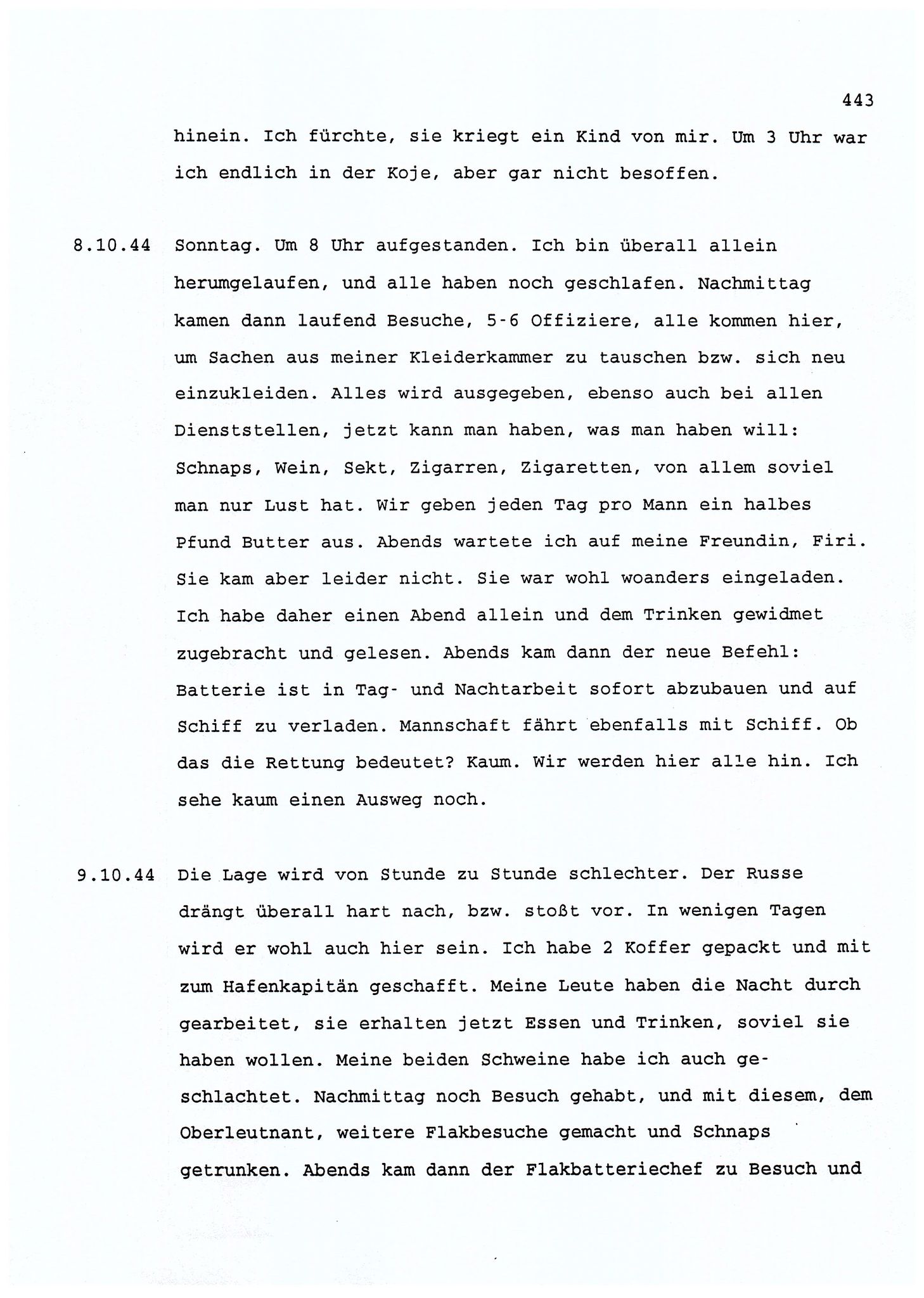 Dagbokopptegnelser av en tysk marineoffiser stasjonert i Norge , FMFB/A-1160/F/L0001: Dagbokopptegnelser av en tysk marineoffiser stasjonert i Norge, 1941-1944, p. 443
